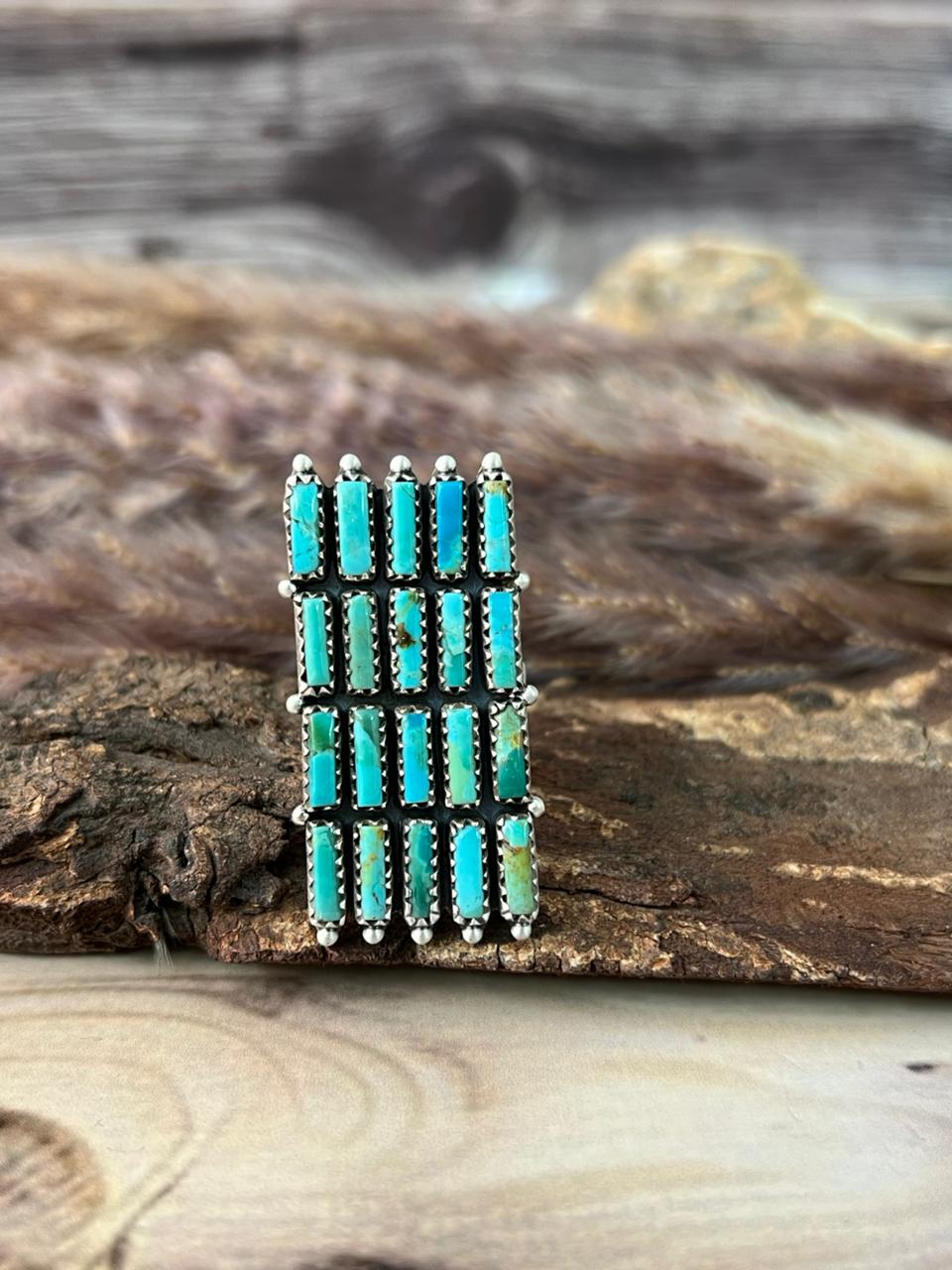 Handmade Sterling Silver Kingman Turquoise Bar Adjustable Ring Signed Nizhoni
