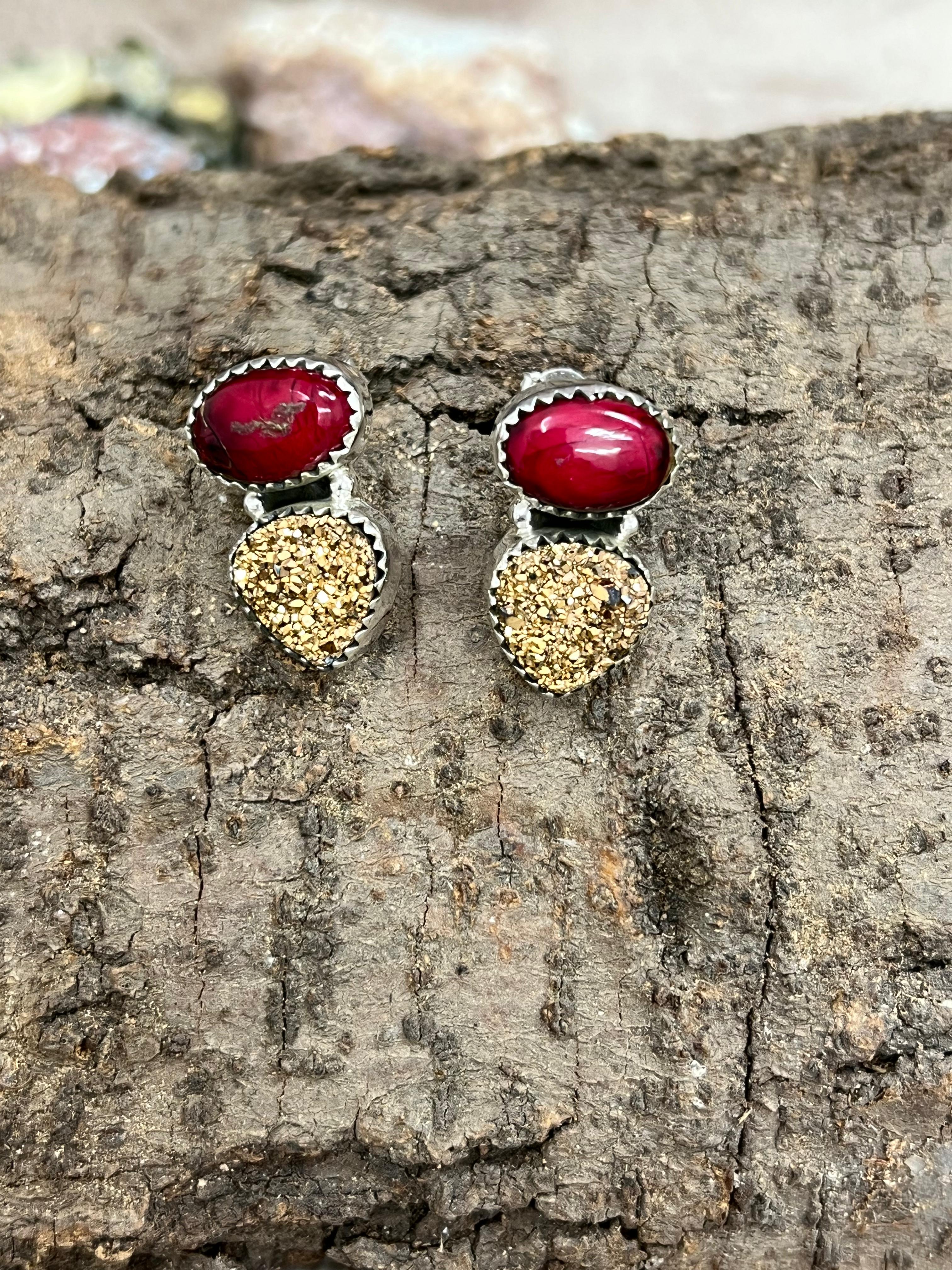 Handmade Sterling Silver Dahlia Rose with Druzy Post Earrings with Signed Nizhoni