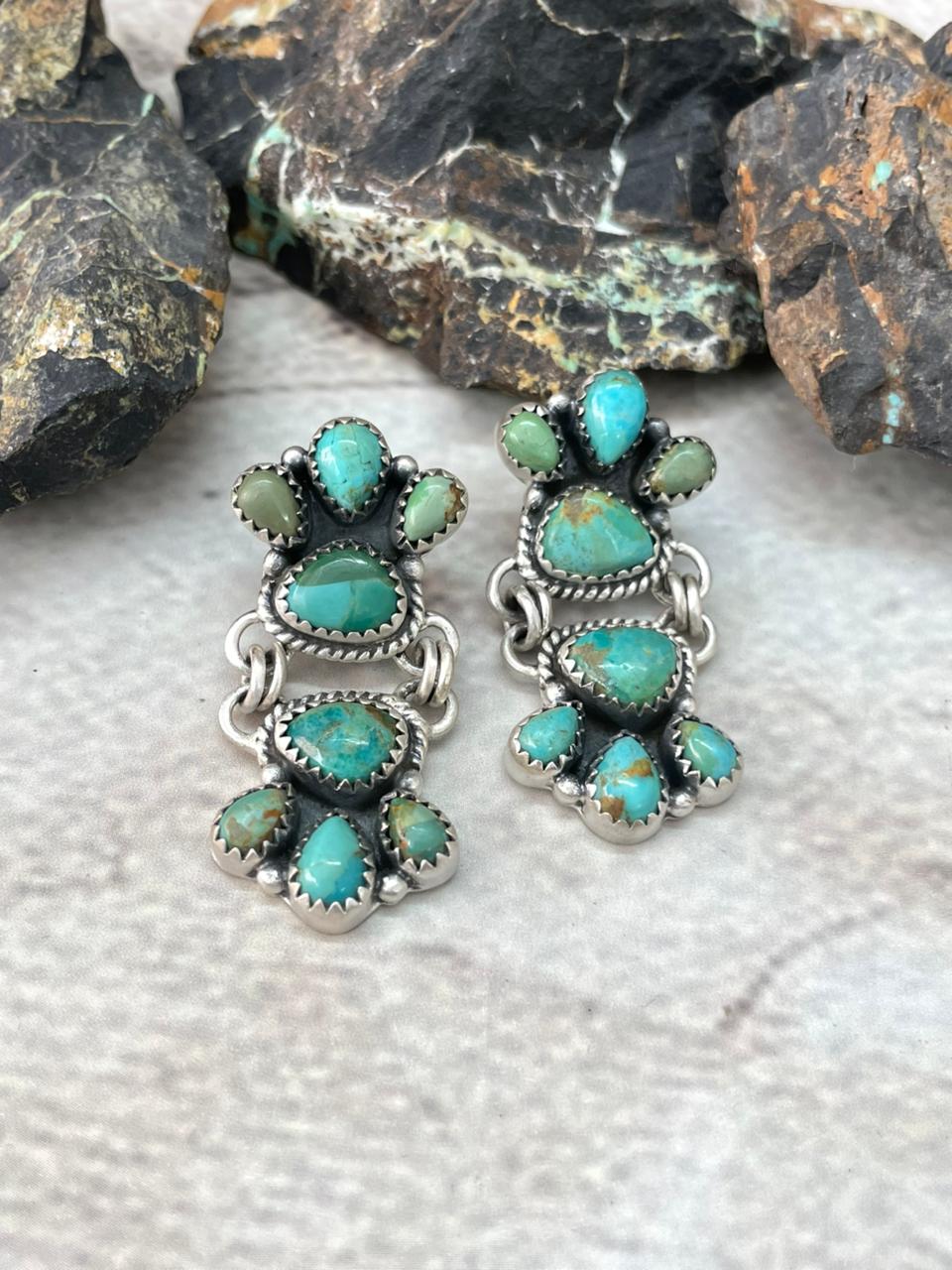 Handmade Sterling Silver Kingman Turquoise Post Dangle Earrings "Signed Nizhoni"