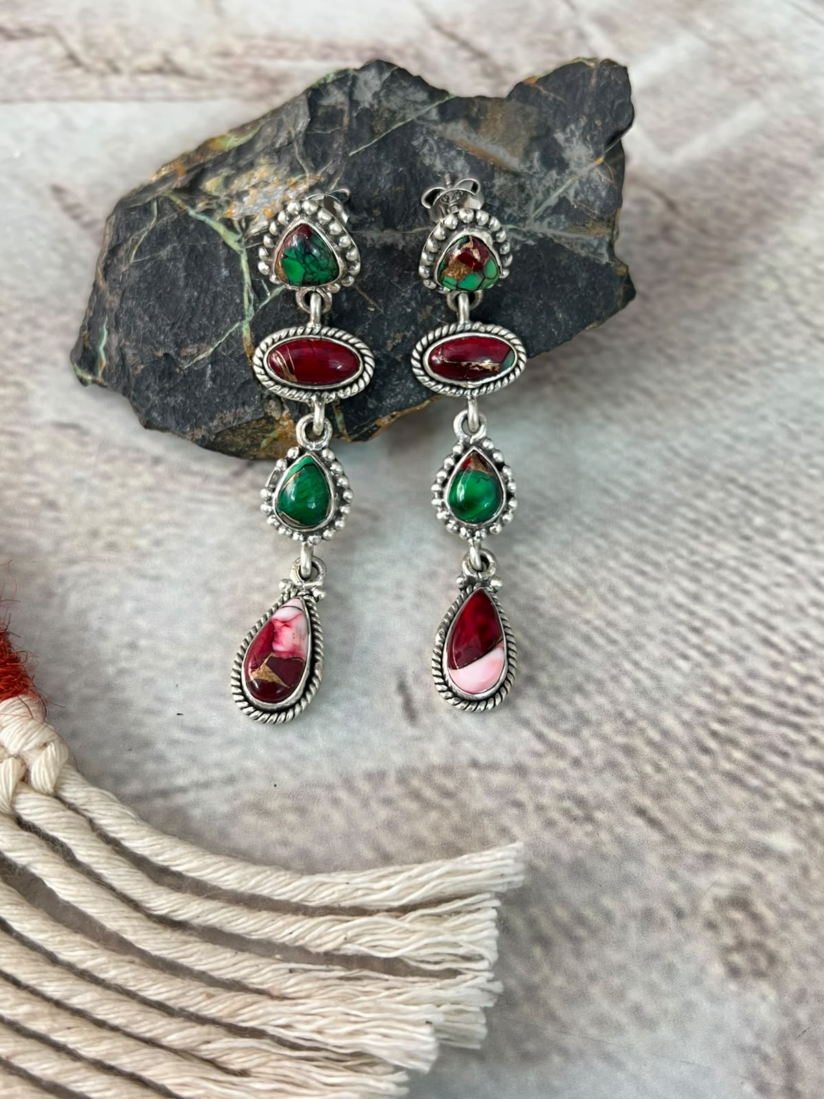 Handmade Sterling Silver Christmas Dahlia Collection: Post Dangle Earrings Signed Nizhoni