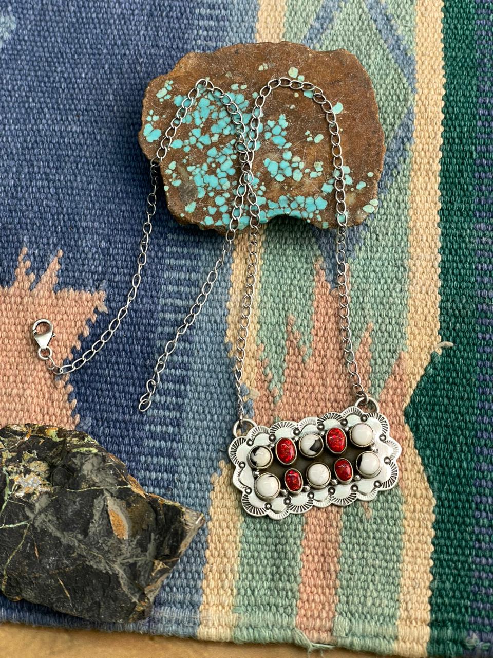 Handmade Sterling Silver White Buffalo with Red Opal Necklace "Signed Nizhoni"