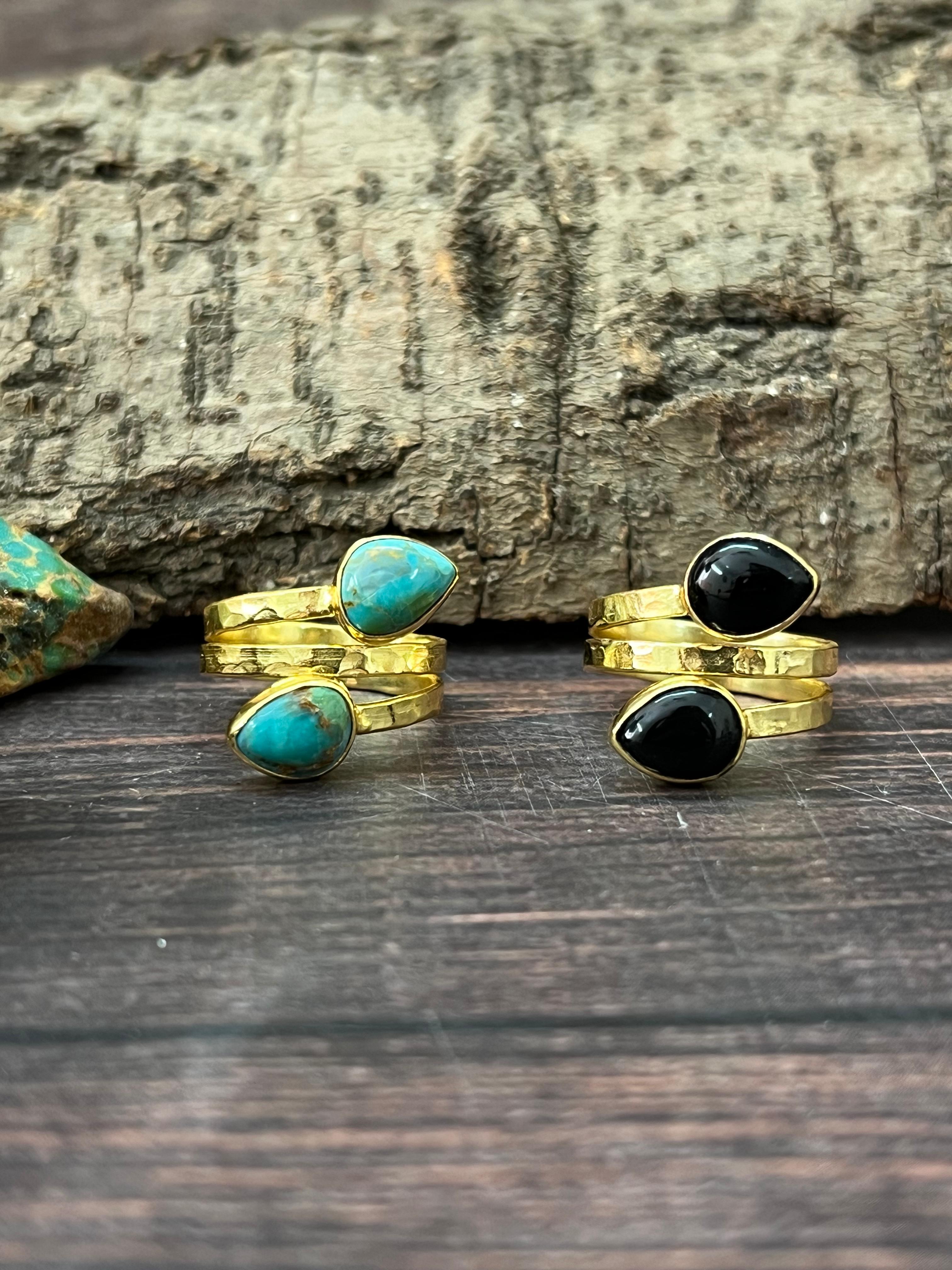 “The Golden Collection” Natural Kingman Turquoise, Black Onyx Adjustable 2 Stone Ring