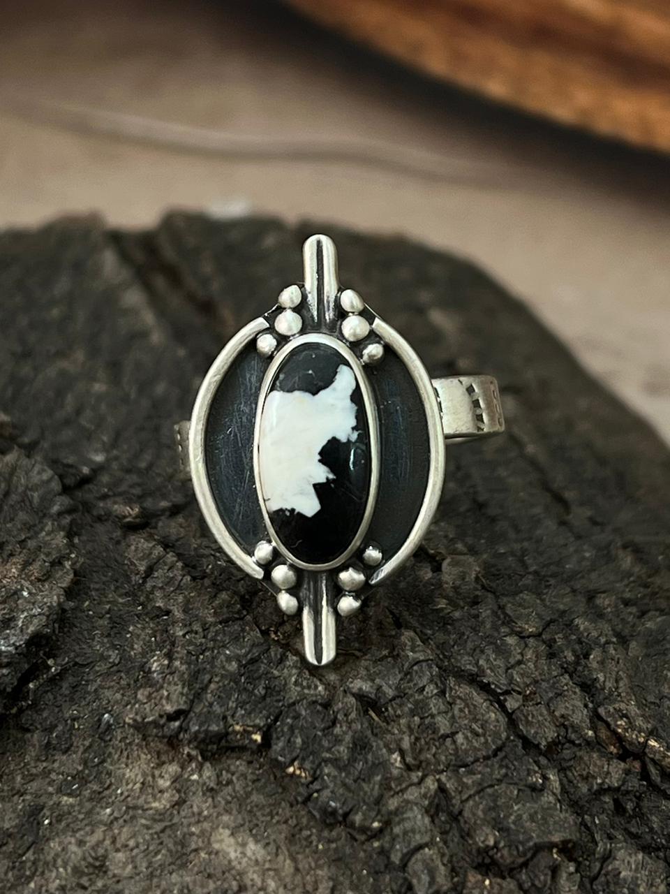 Handmade Sterling Silver White Buffalo Adjustable Ring "Signed Nizhoni"