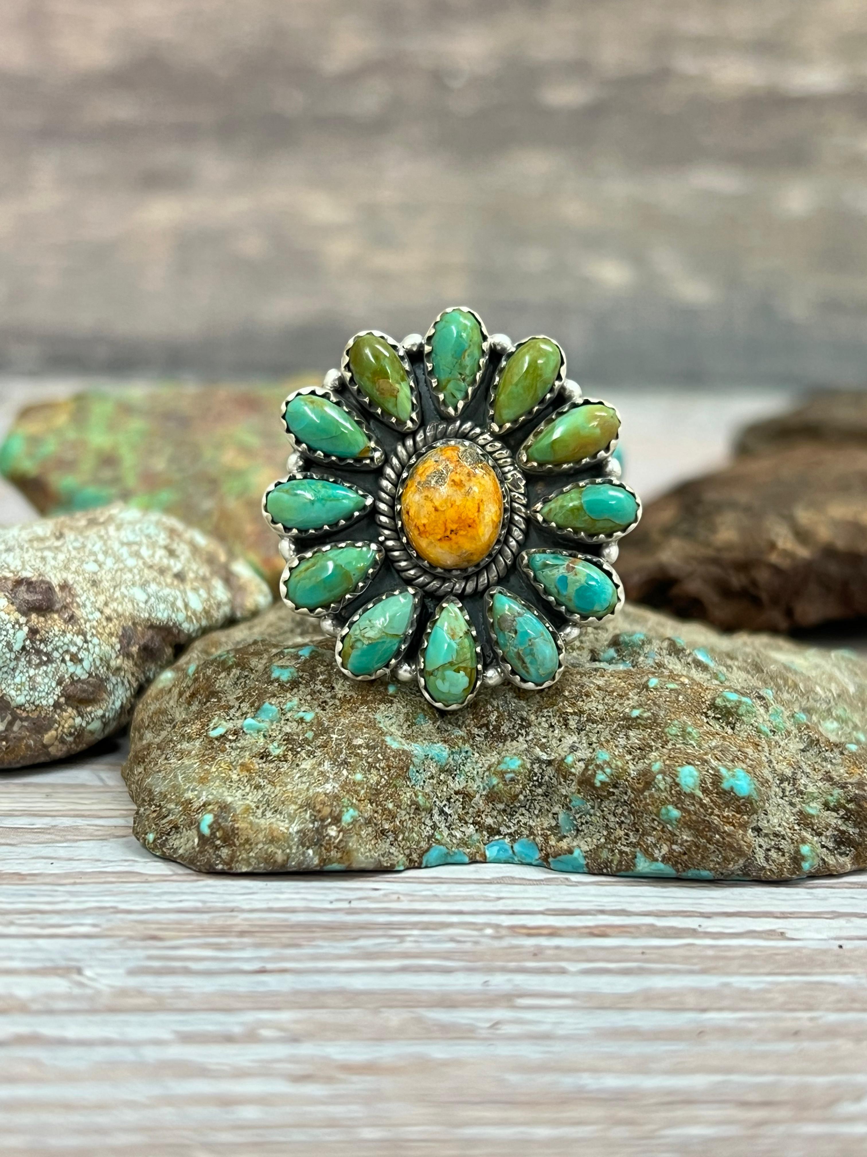 Handmade Sterling Silver Kingman Turquoise, Bumblebee Adjustable Ring with Signed Nizhoni