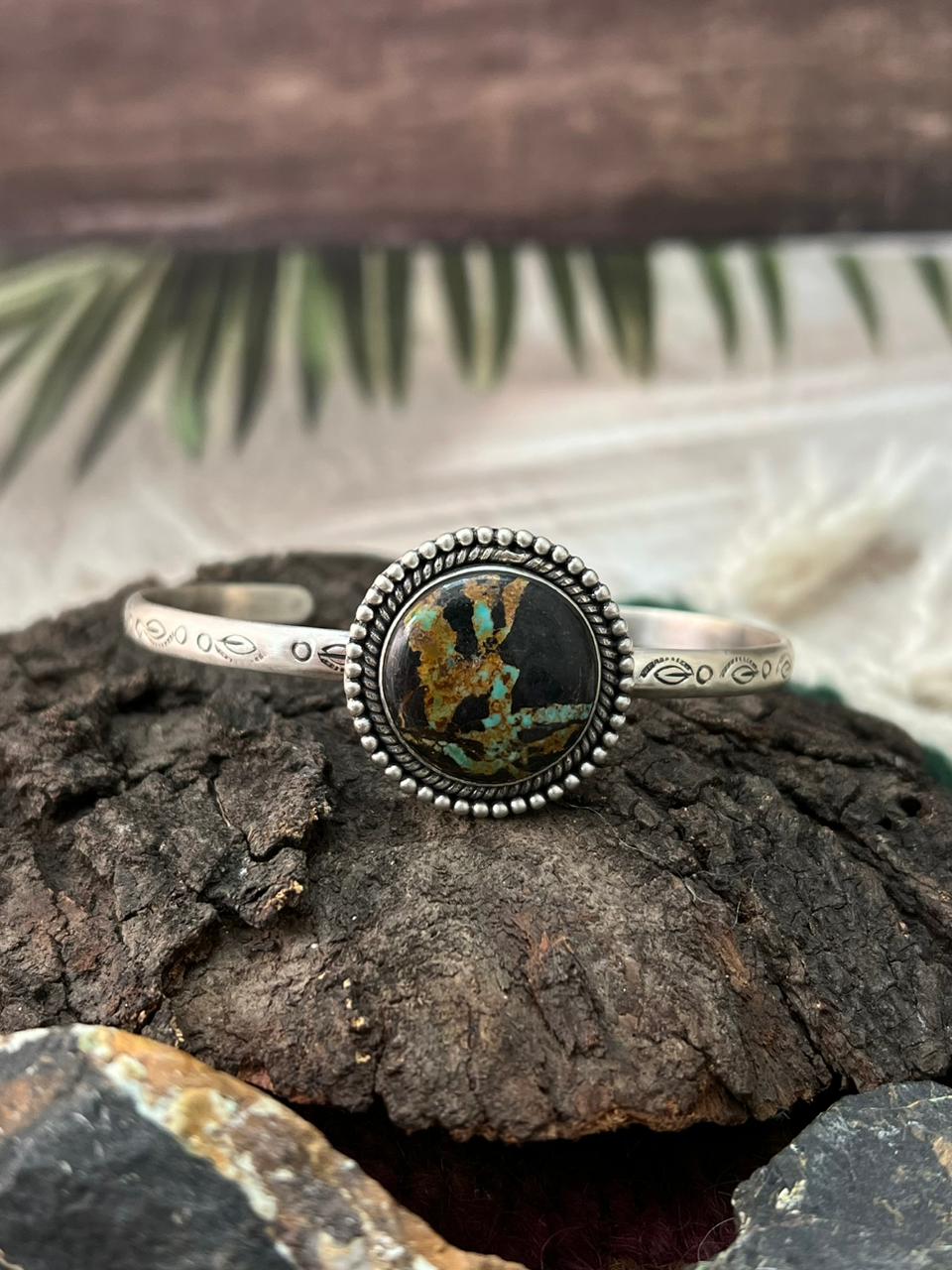 Handmade Sterling Silver Blackjack Turquoise Cuff Bracelet "Signed Nizhoni"