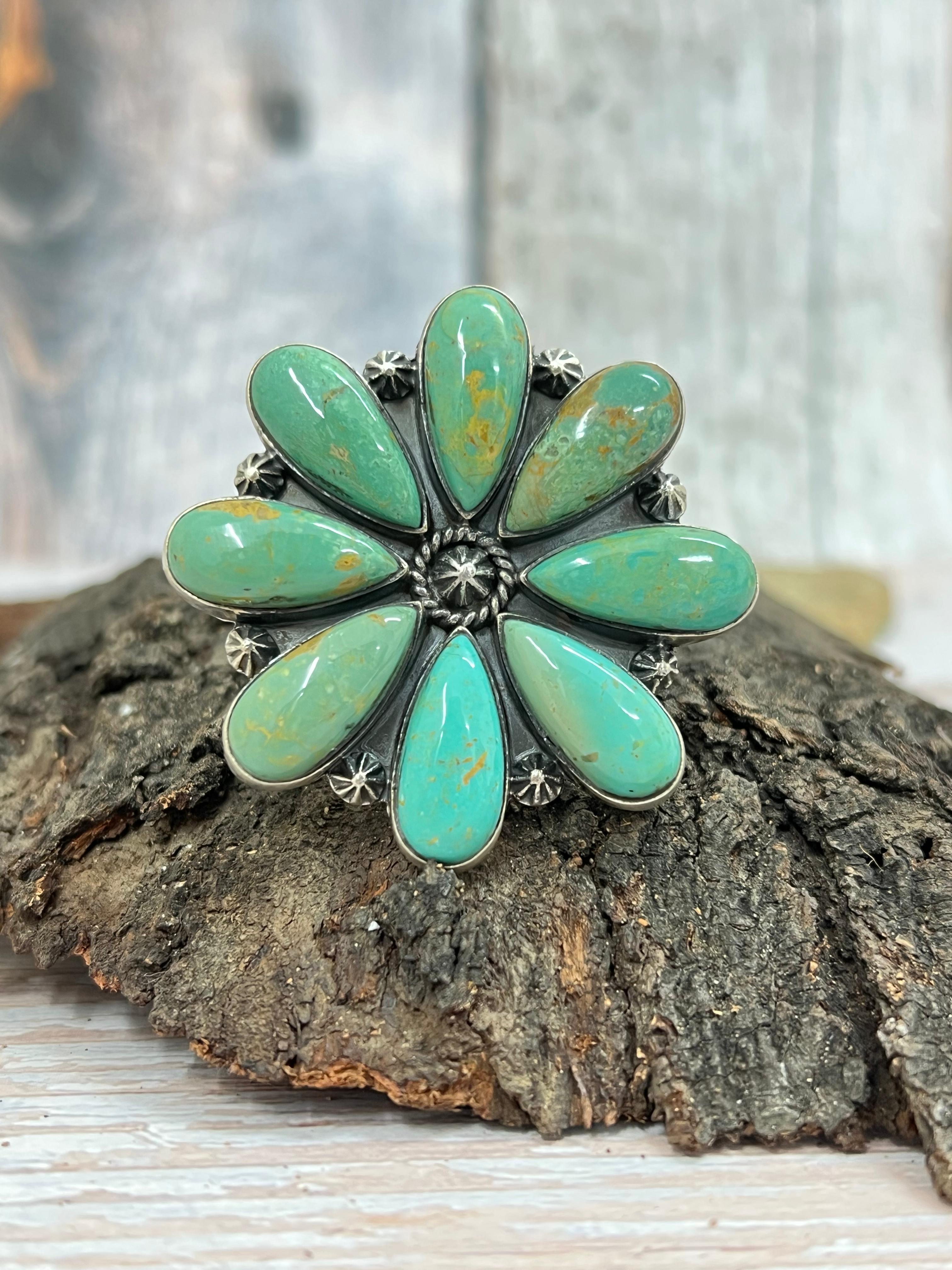 Handmade Sterling Silver Kingman Turquoise Adjustable Ring with Signed Nizhoni