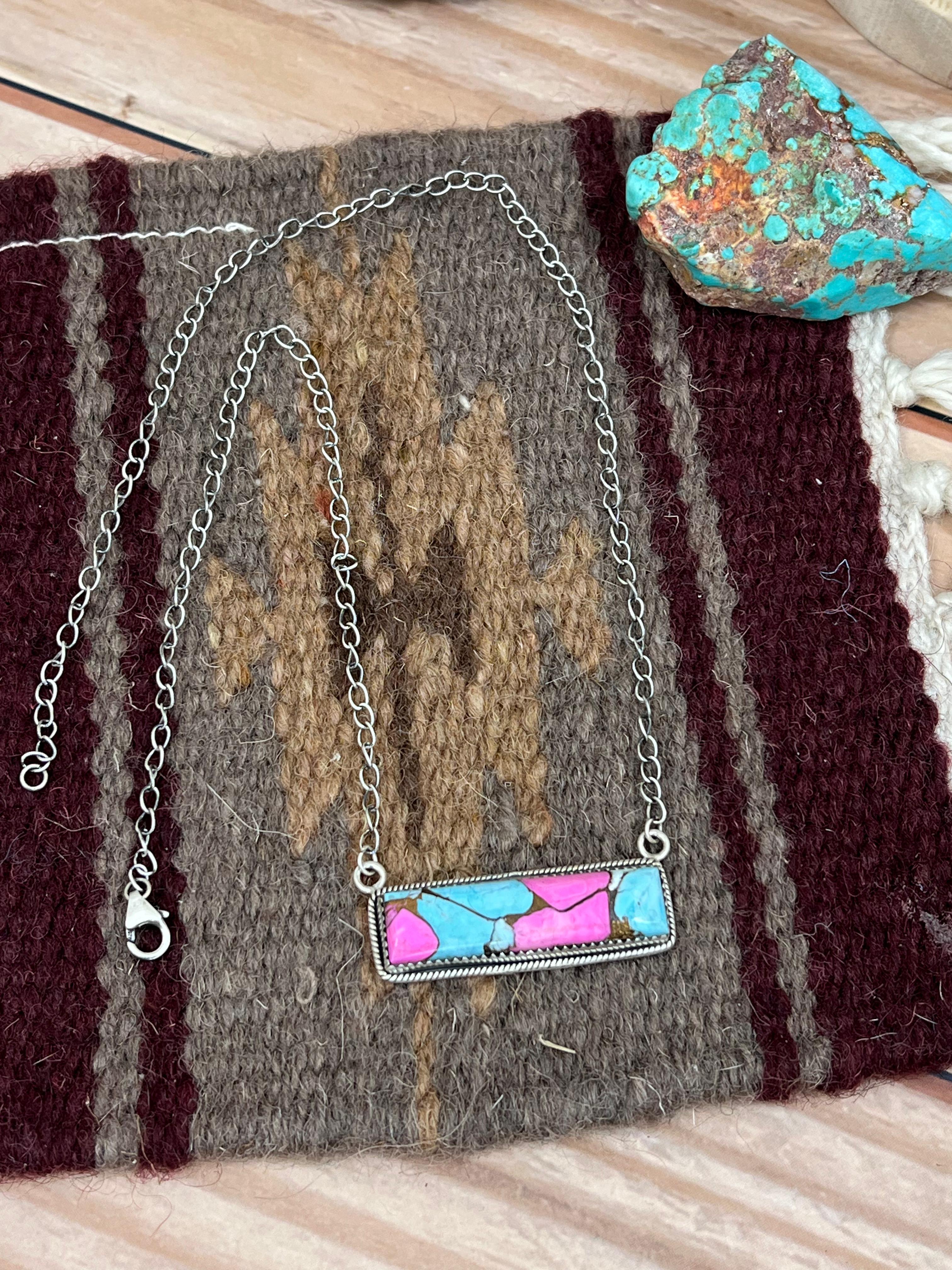 Handmade Sterling Silver Cotton Candy Turquoise Necklace with Signed Nizhoni