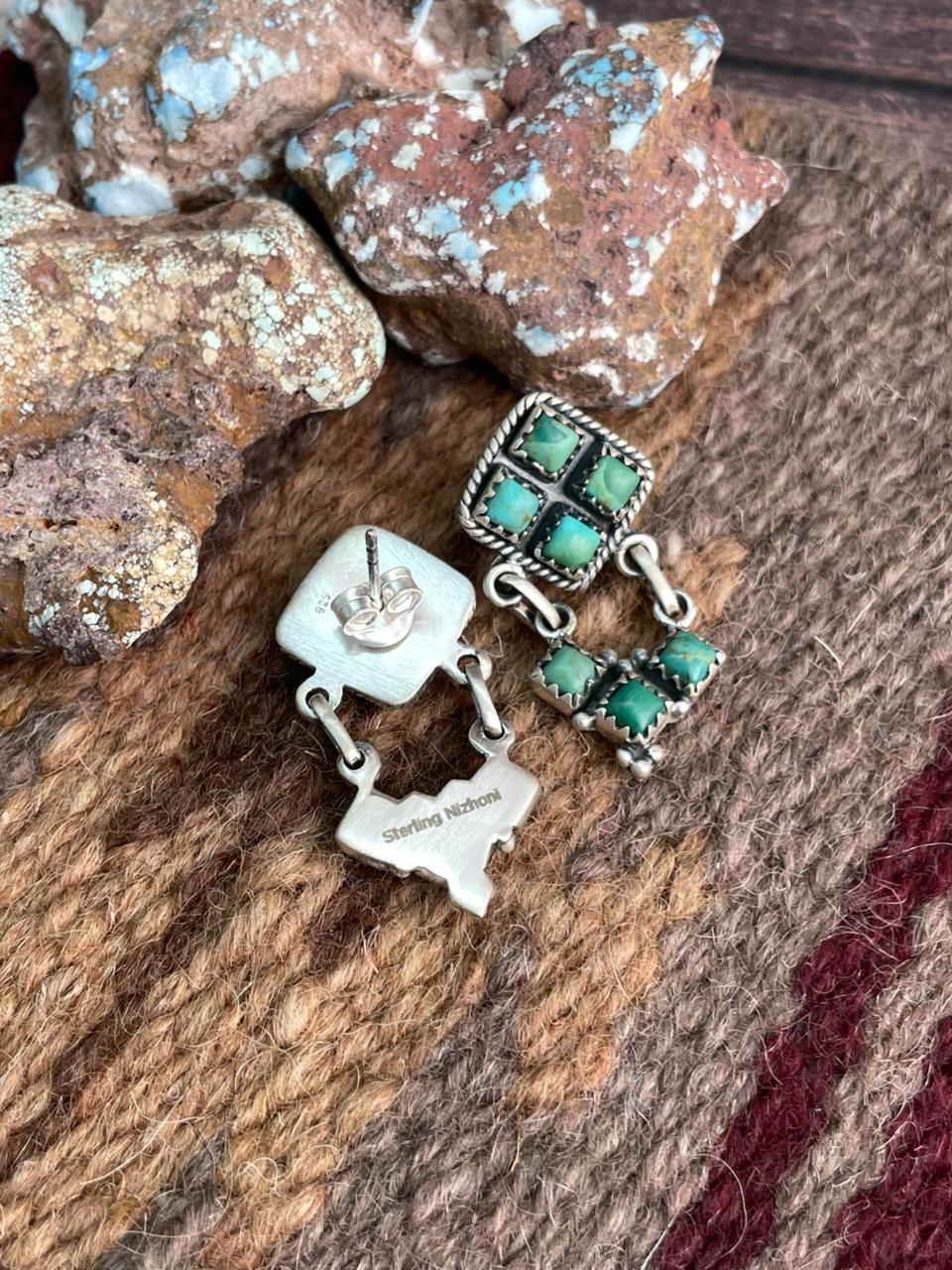 Handmade Sterling Silver Kingman Turquoise Post Dangle Earrings "Signed Nizhoni"