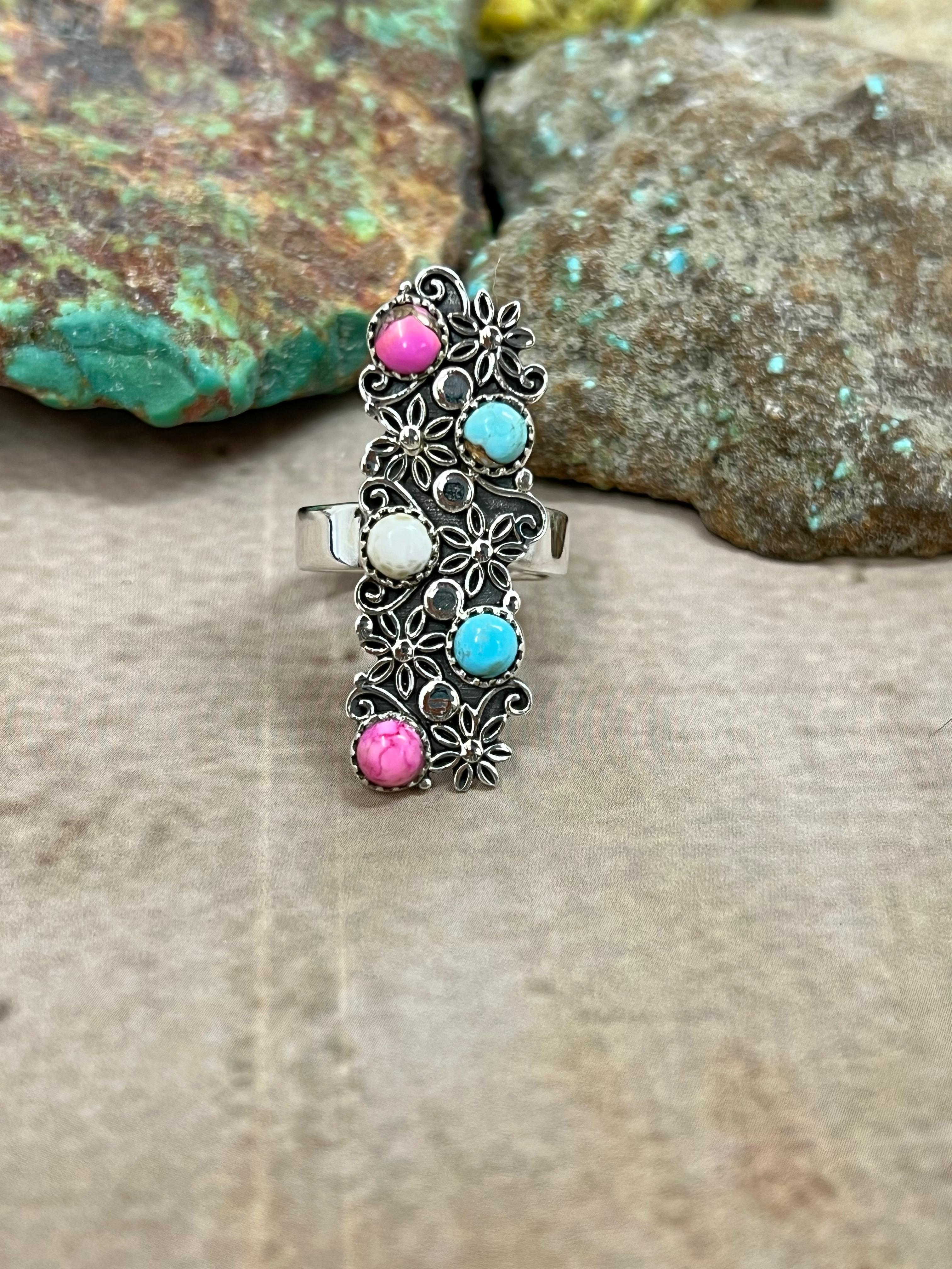 Handmade Sterling Silver Cotton Candy Turquoise Adjustable Ring with Signed Nizhoni