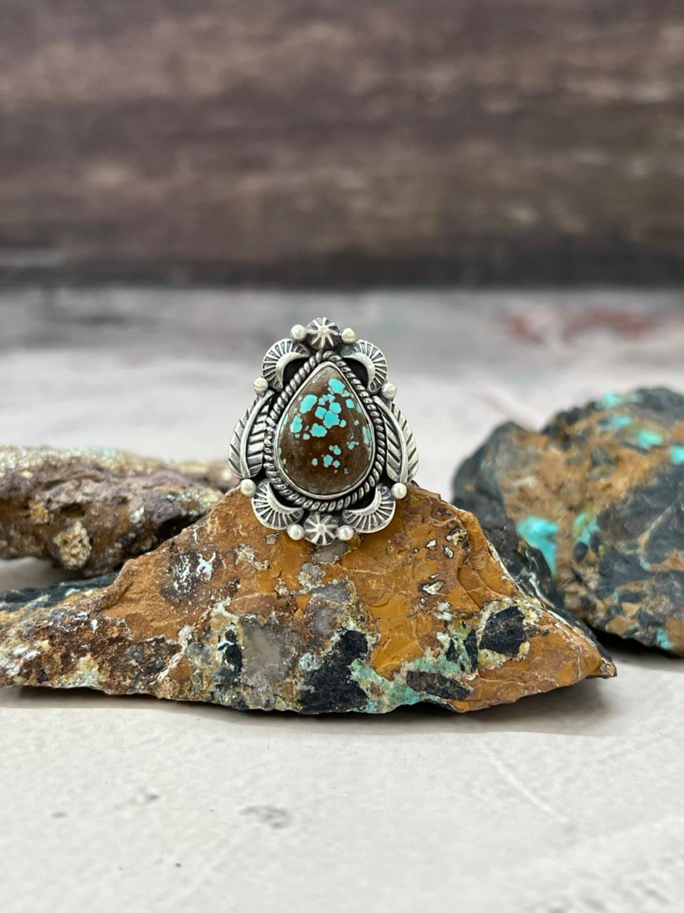 Handmade Sterling Silver Number 8 Turquoise Adjustable Ring "Signed Nizhoni"