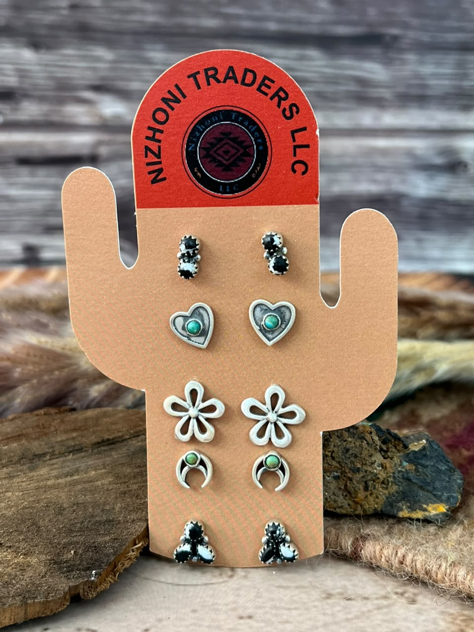 Handmade Sterling Silver Kingman Turquoise with White Buffalo Post Studs Cards