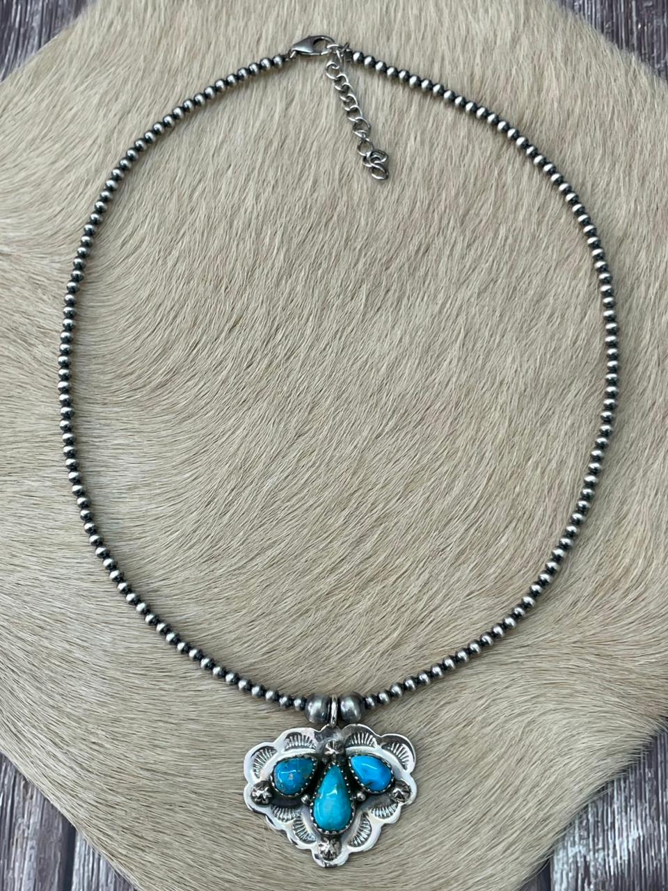 Handmade Sterling Silver Beaded White Water Turquoise Necklace "Signed Nizhoni"
