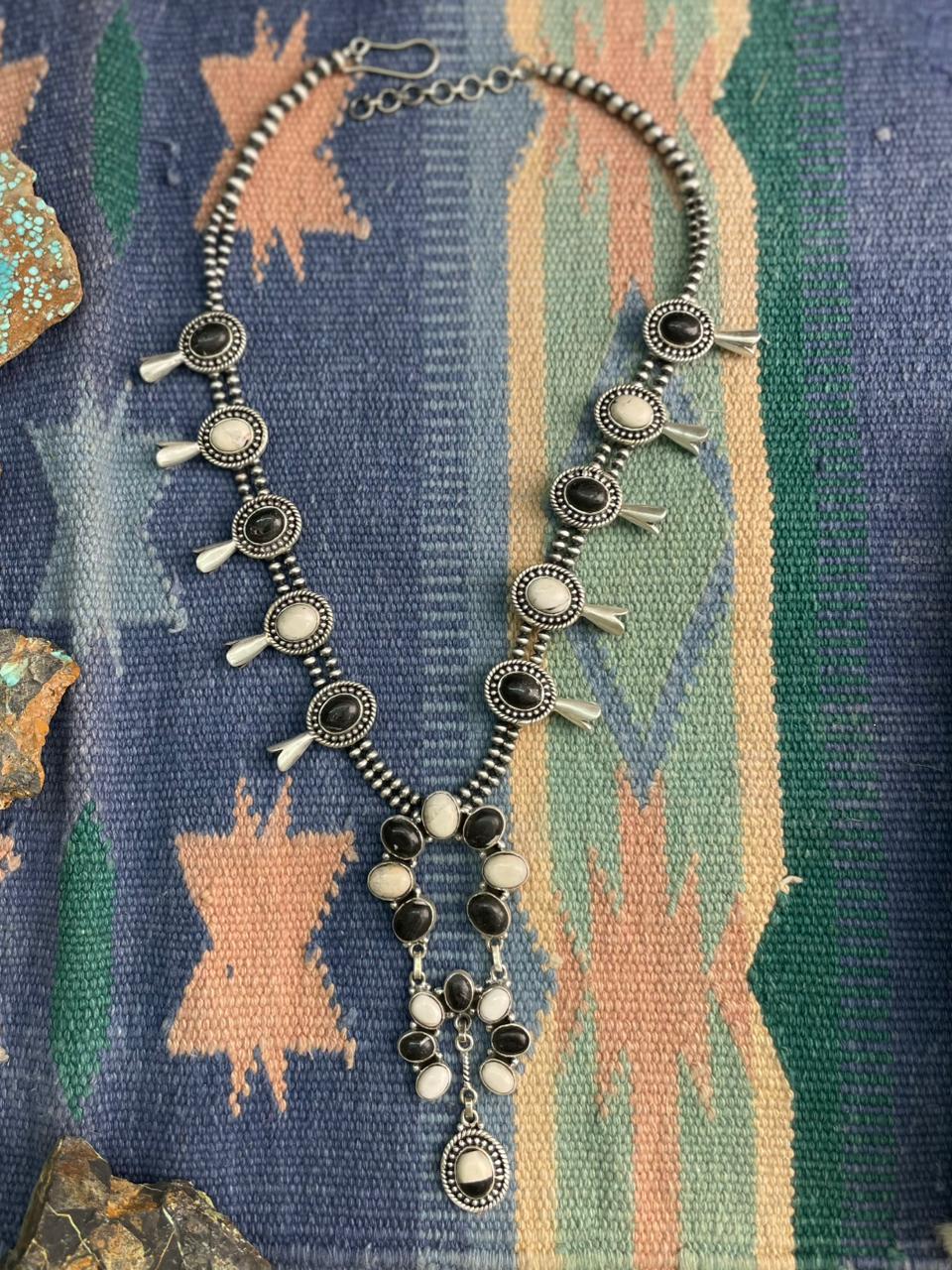 Handmade Sterling Silver White Buffalo Beaded Necklace "Signed Nizhoni"