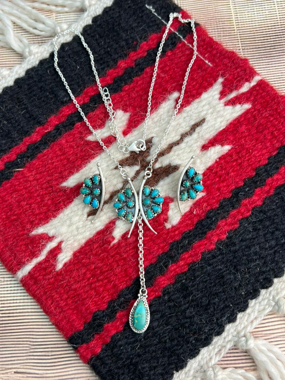 Handmade Sterling Silver Kingman Turquoise Necklace Earrings Set "Signed Nizhoni"