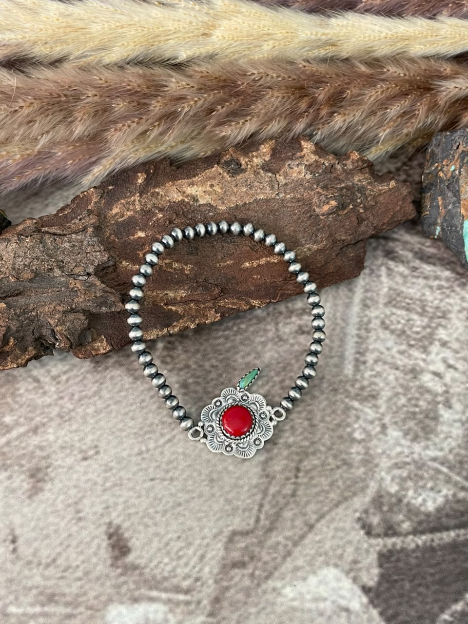 Handmade Sterling Silver Rosarita with Kingman Turquoise Cherry Stretchy Beaded Bracelet Signed Nizhoni