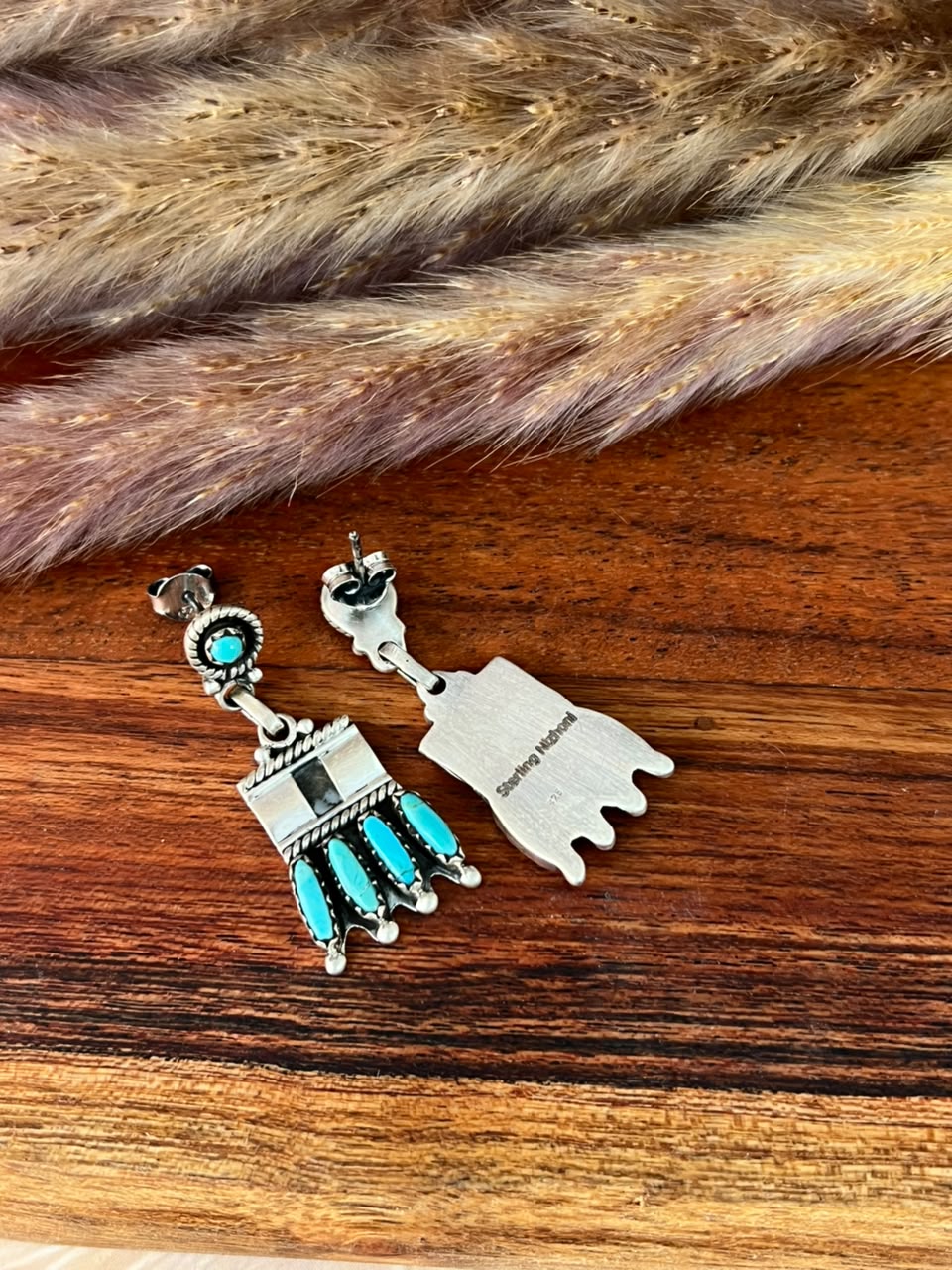 Handmade Sterling Silver Kingman Turquoise Post Dangle Earrings Signed Nizhoni