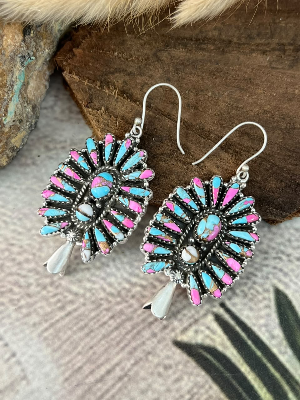 Handmade Sterling Silver Cotton Candy Hook Dangle Squash Blossom Earrings Signed Nizhoni