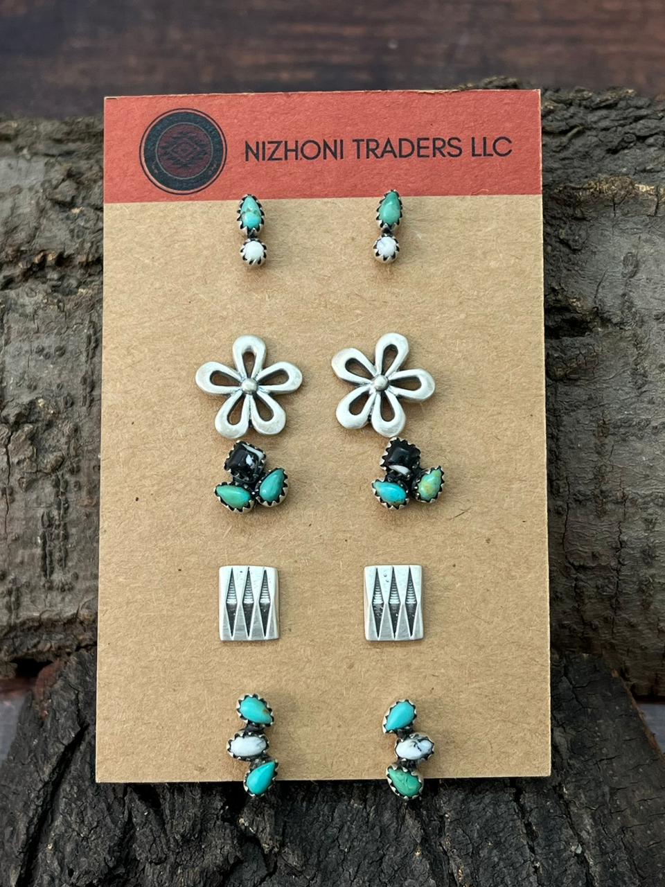 Handmade Sterling Silver Kingman with White Buffalo Post Studs Earrings Set