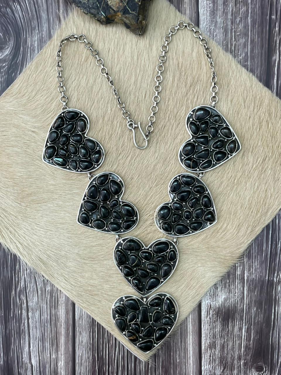 Handmade Sterling Silver Blackjack Turquoise Heart Necklace "Signed Nizhoni"