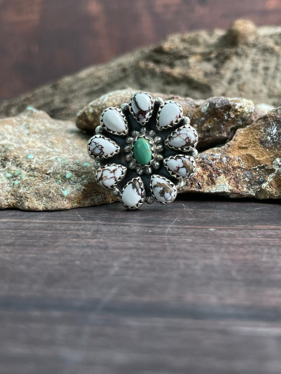 Handmade Sterling Silver Kingman with Wildhorse Magnesite Adjustable Ring "Signed Nizhoni"