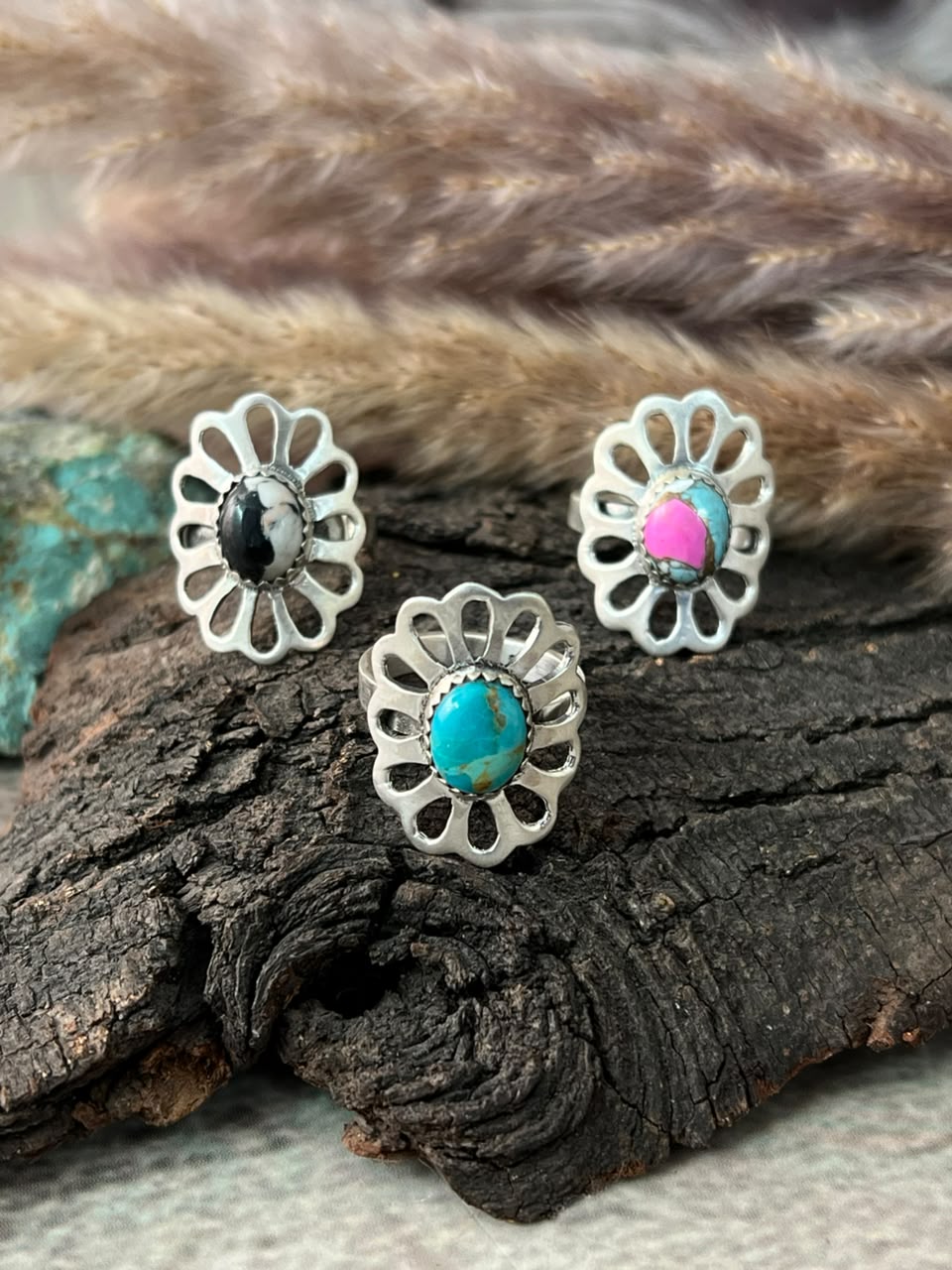 Handmade Sterling Silver White Buffalo, Cotton Candy and Kingman Turquoise Adjustable Ring Signed Nizhoni