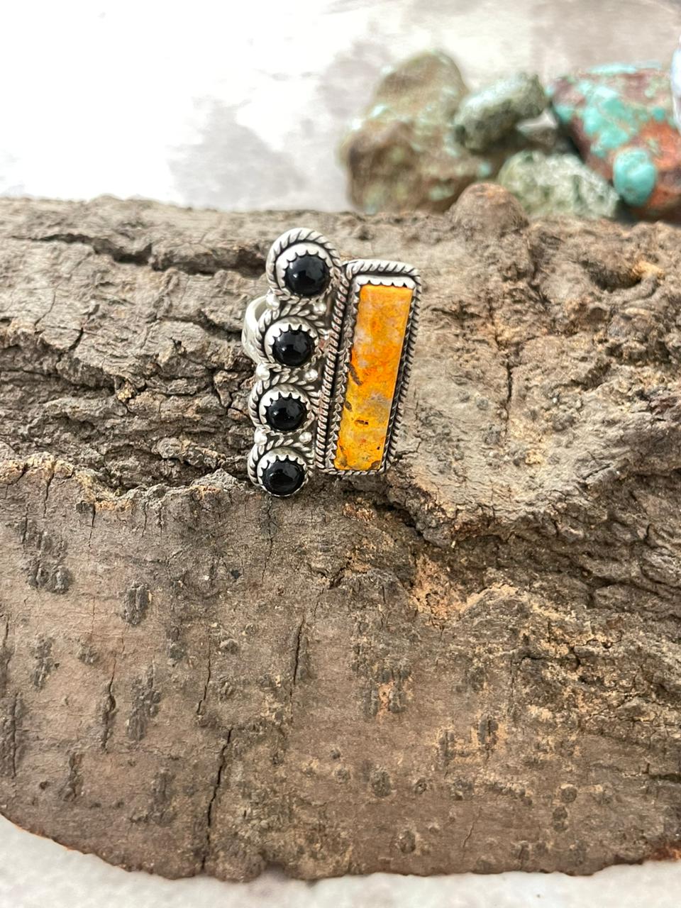 "Halloween Collection" Handmade Sterling Silver Black Onyx, Bumblebee Adjustable Ring with Signed Nizhoni