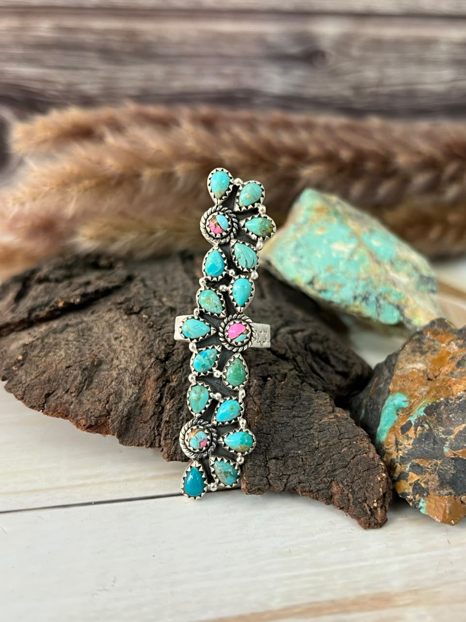 Handmade Sterling Silver Kingman Turquoise with Cotton Candy Adjustable Ring Signed Nizhoni
