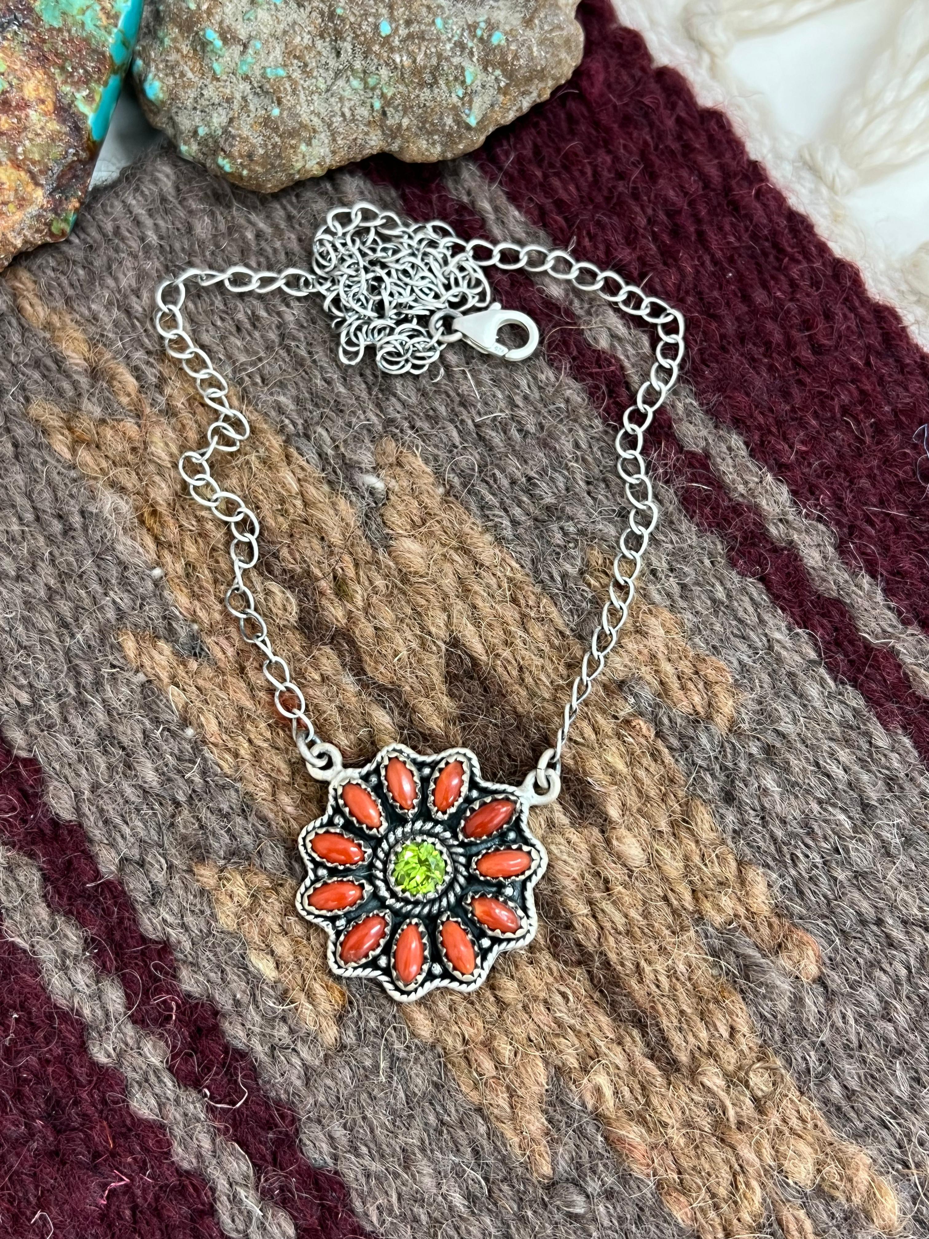 Christmas Collection Handmade Sterling Silver Coral with Peridot Necklace with Signed Nizhoni