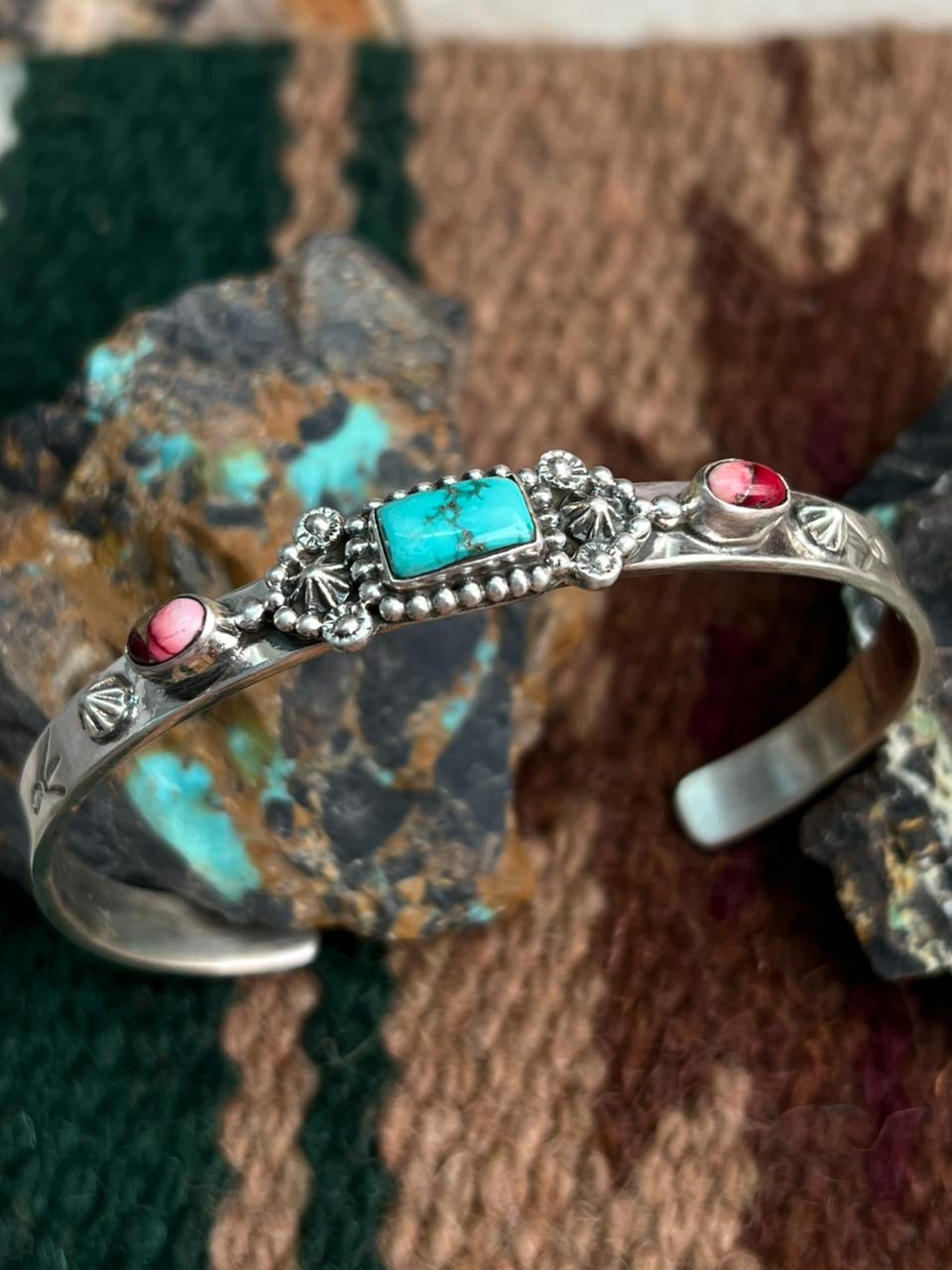 Handmade Sterling Silver Dahlia Rose with Emerald Valley Turquoise Cuff Bracelet "Signed Nizhoni"