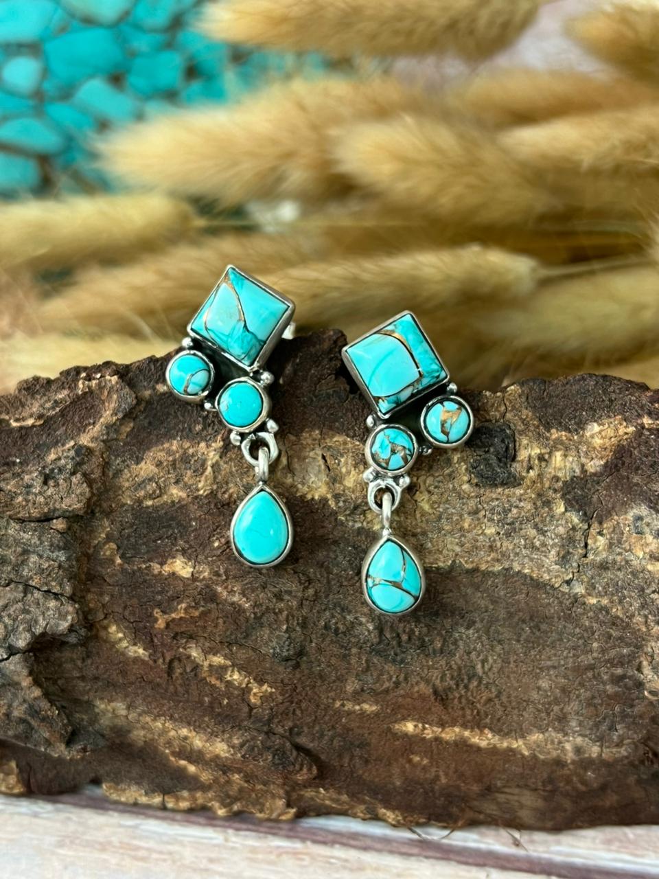 Handmade Sterling Silver Mint Dahlia Collection: Post Dangle Earrings "Signed Nizhoni"
