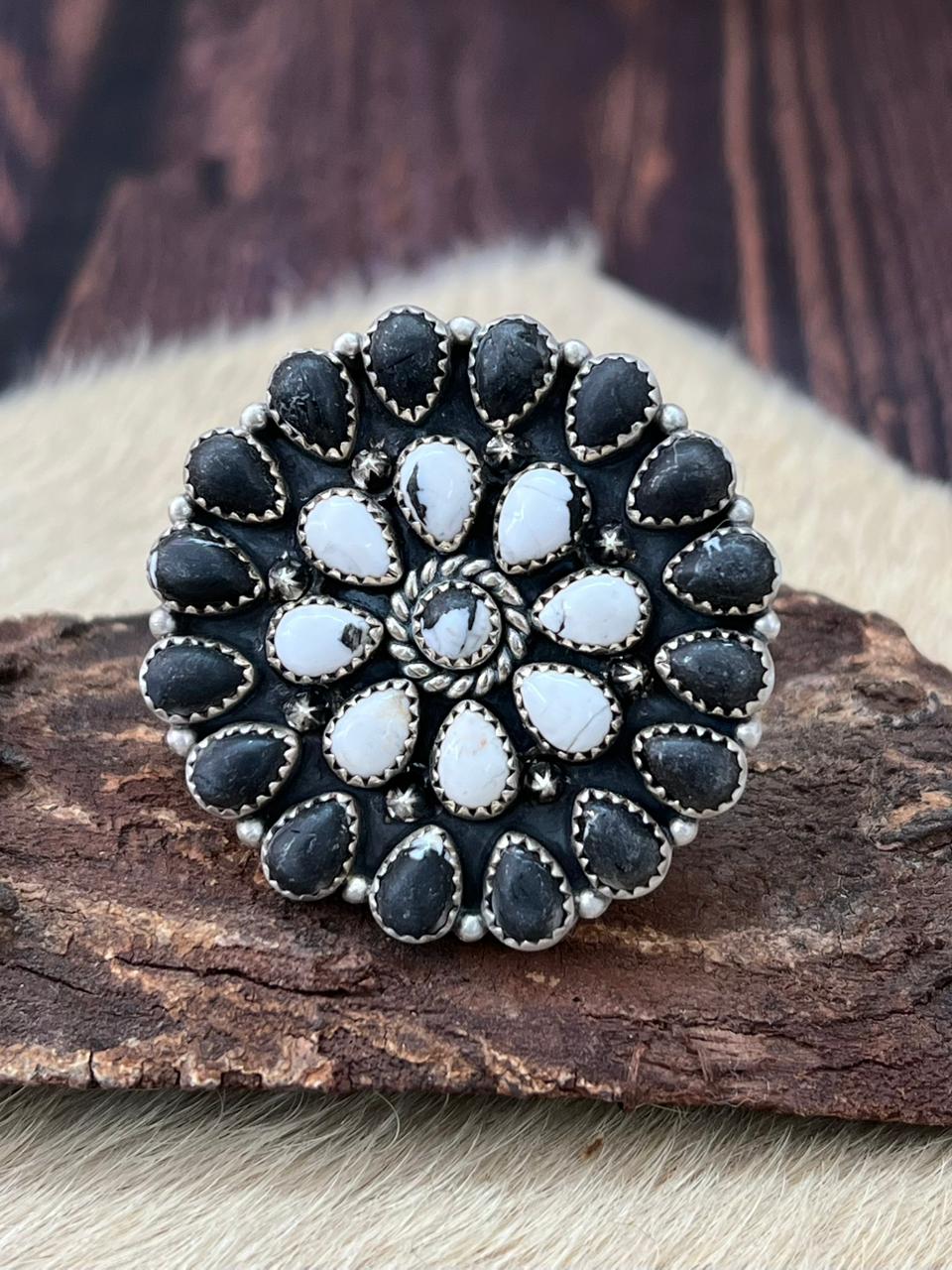 Handmade Sterling Silver White Buffalo Adjustable Ring "Signed Nizhoni"