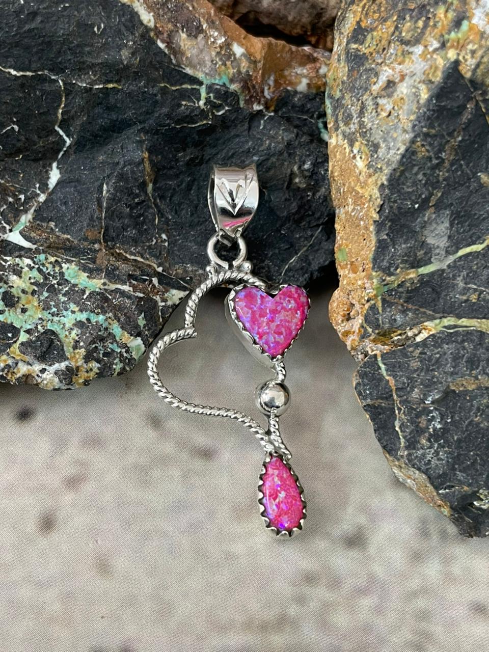 "Heart Collection" Handmade Sterling Silver Hot Pink Pendant "Signed Nizhoni"