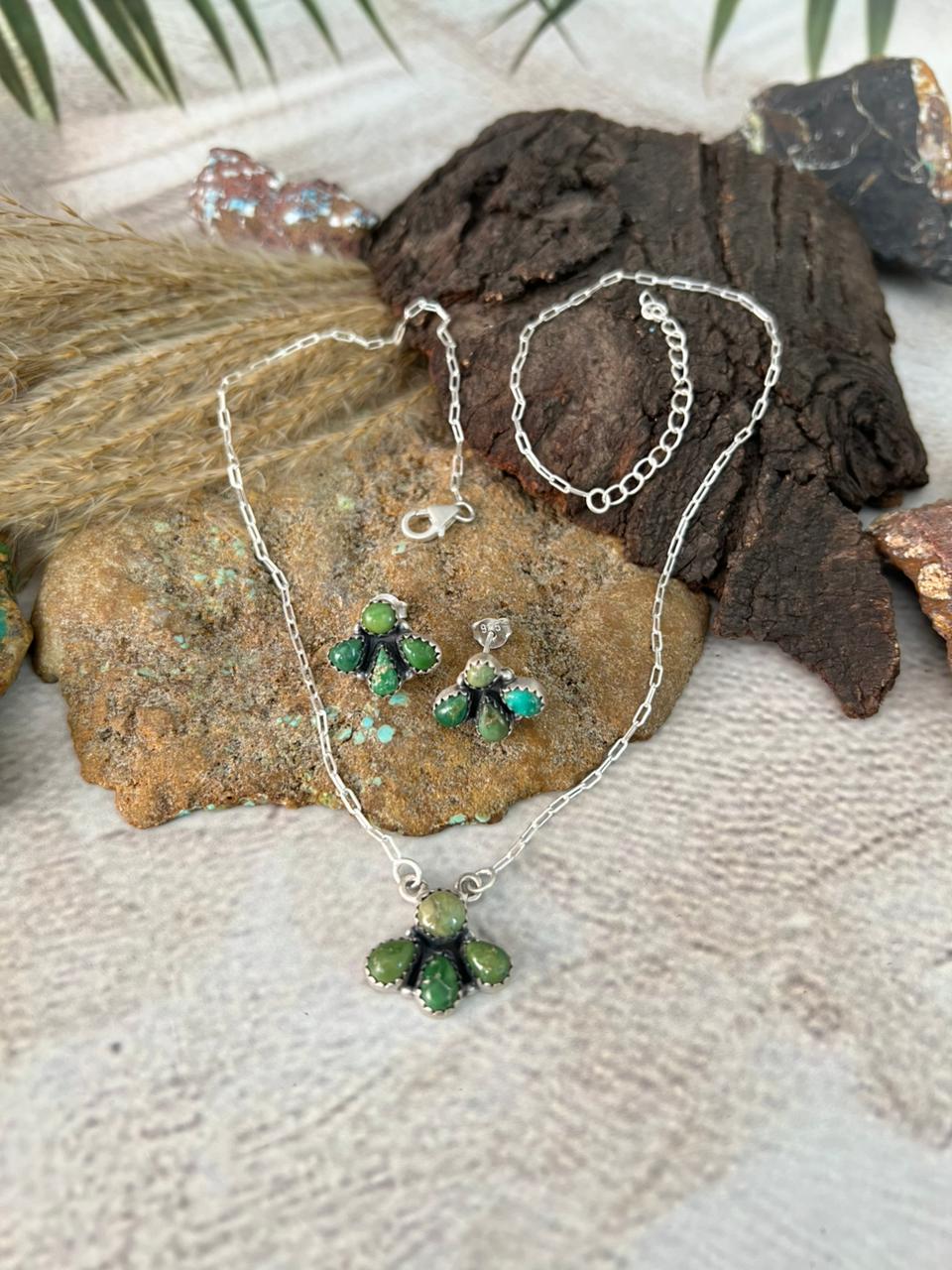 Handmade Sterling Silver Emerald Valley Turquoise Necklace Earrings Set "Signed Nizhoni"