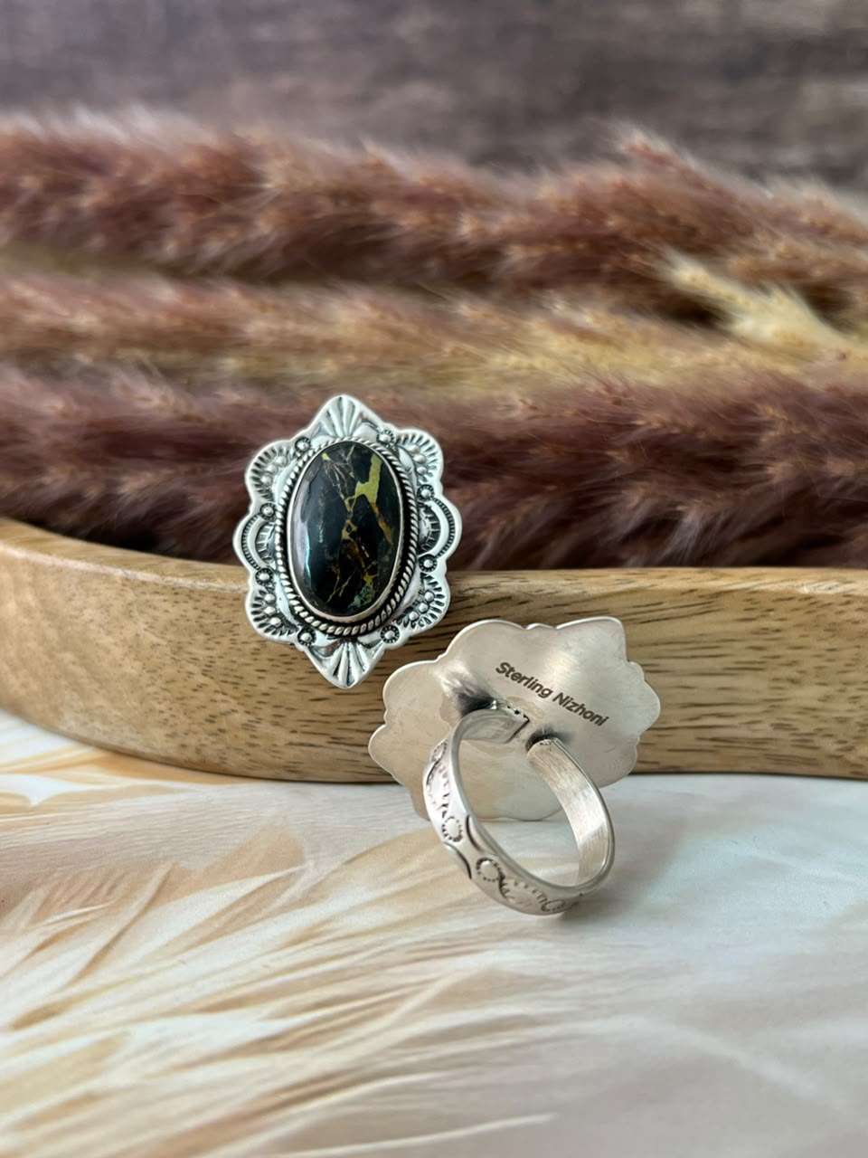 Handmade Sterling Silver Blackjack Turquoise Collection: Adjustable Ring Signed Nizhoni