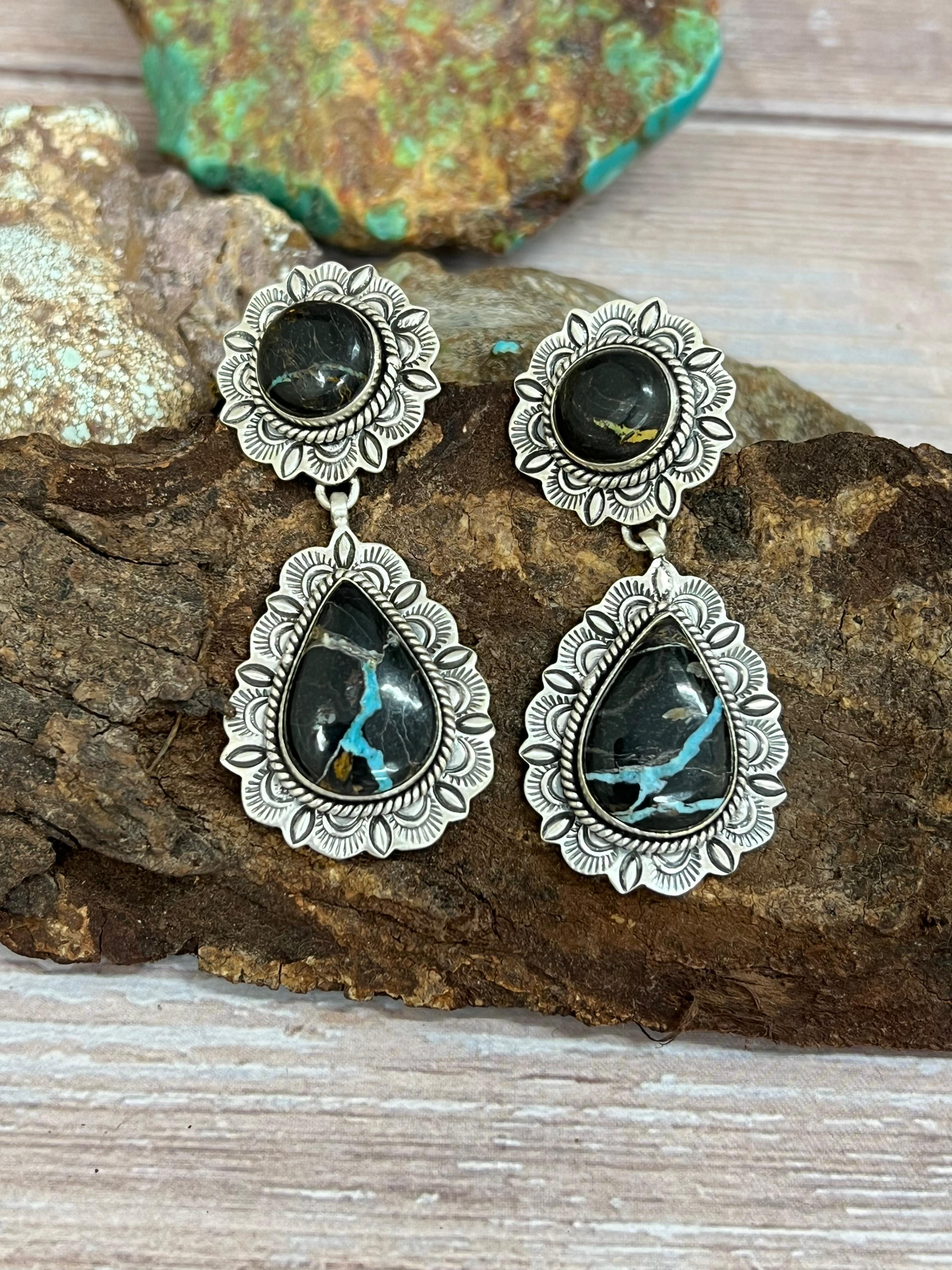 Handmade Sterling Silver Blackjack Turquoise Post Dangle Earrings with Signed Nizhoni