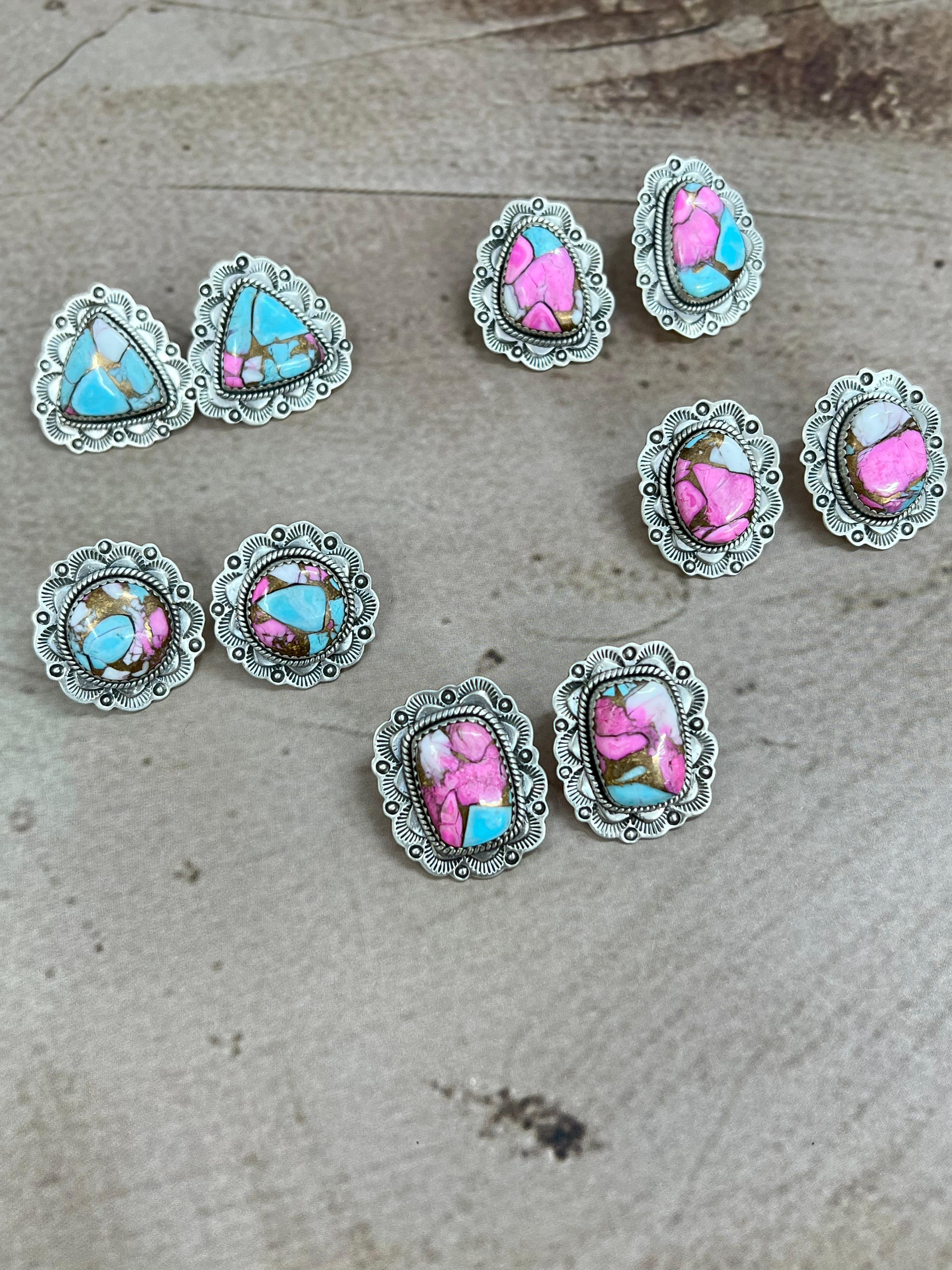 Handmade Sterling Silver Cotton Candy Turquoise Post Earrings with Signed Nizhoni