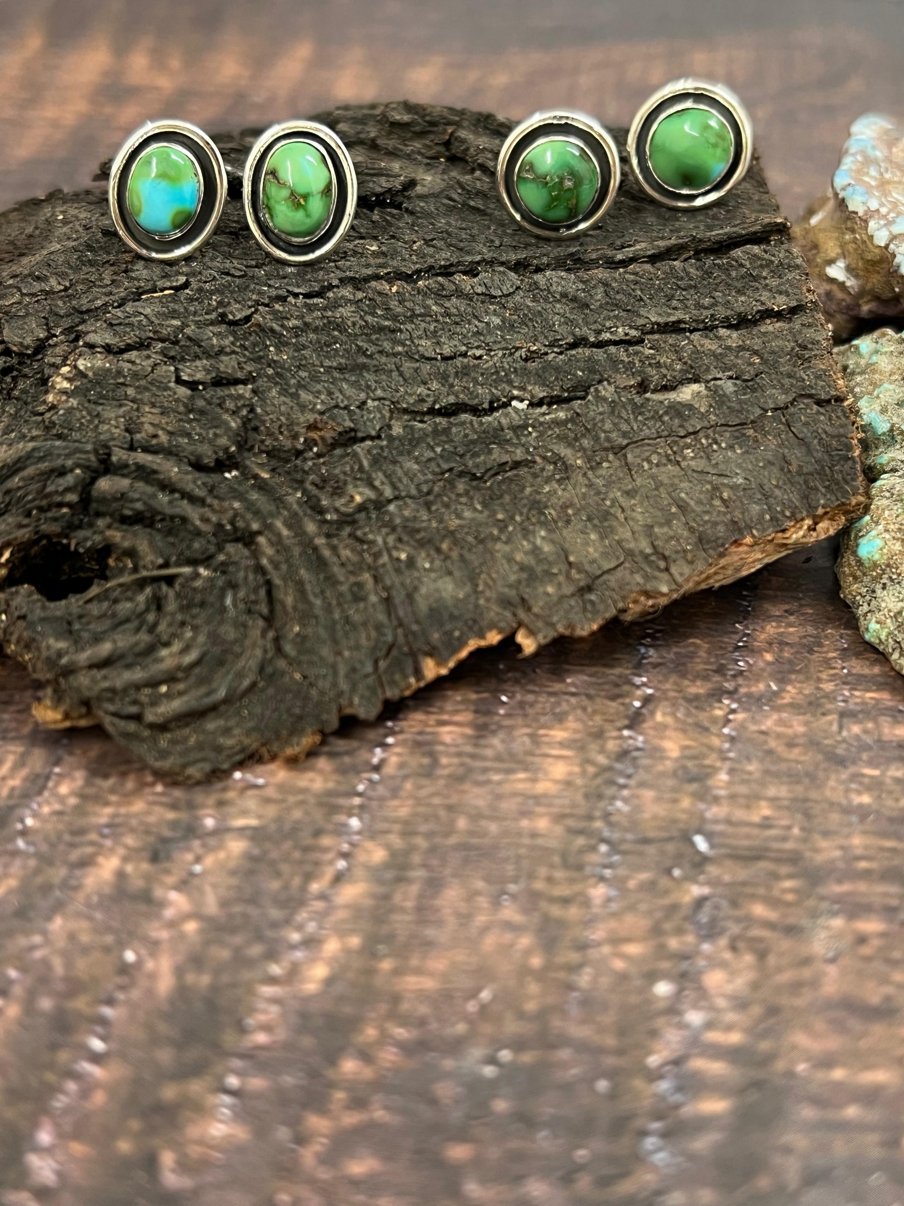 Handmade Sterling Silver Sonoran Mountain Turquoise Post Studs with Signed Nizhoni