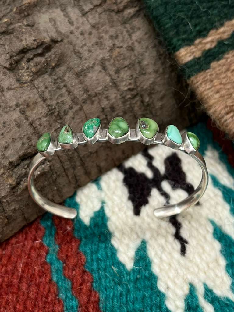 Handmade Sterling Silver Emerald Valley Turquoise Bracelet with Signed Nizhoni