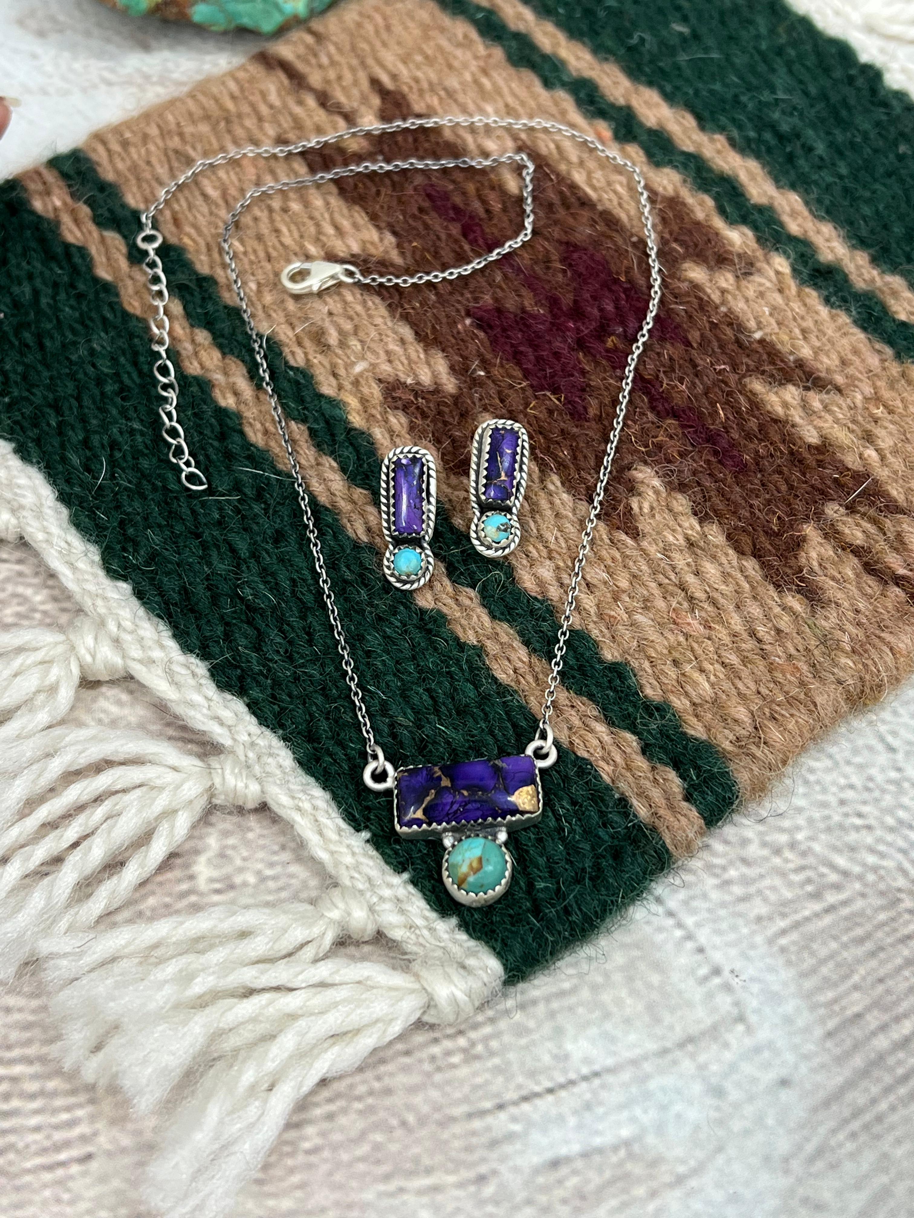 Handmade Sterling Silver Grape Dahlia With Kingman Necklace Earrings Set, Signed Nizhoni