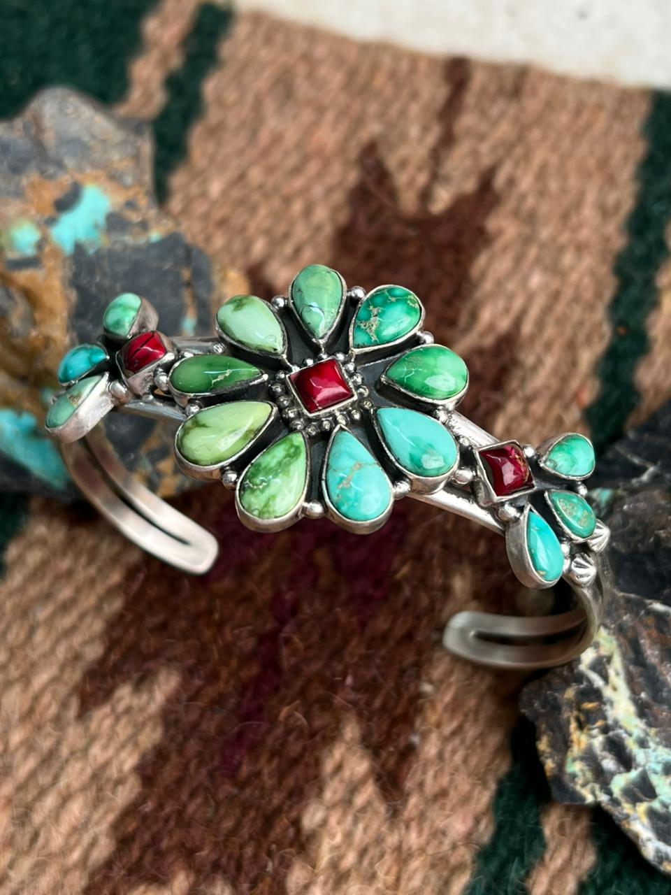 Handmade Sterling Silver Dahlia Rose with Emerald Valley Turquoise Cuff Bracelet "Signed Nizhoni"