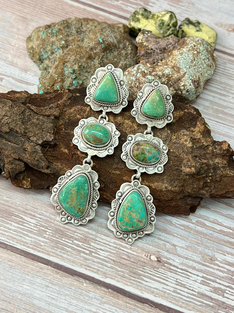 Handmade Sterling Silver Mantis Turquoise Post Dangle Earrings with Signed Nizhoni