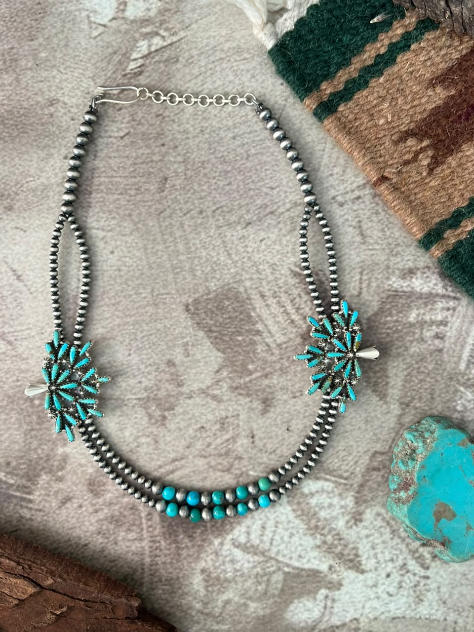 Handmade Sterling Silver Mojave with Kingman Turquoise Squash Blossom Beaded Necklace Signed Nizhoni