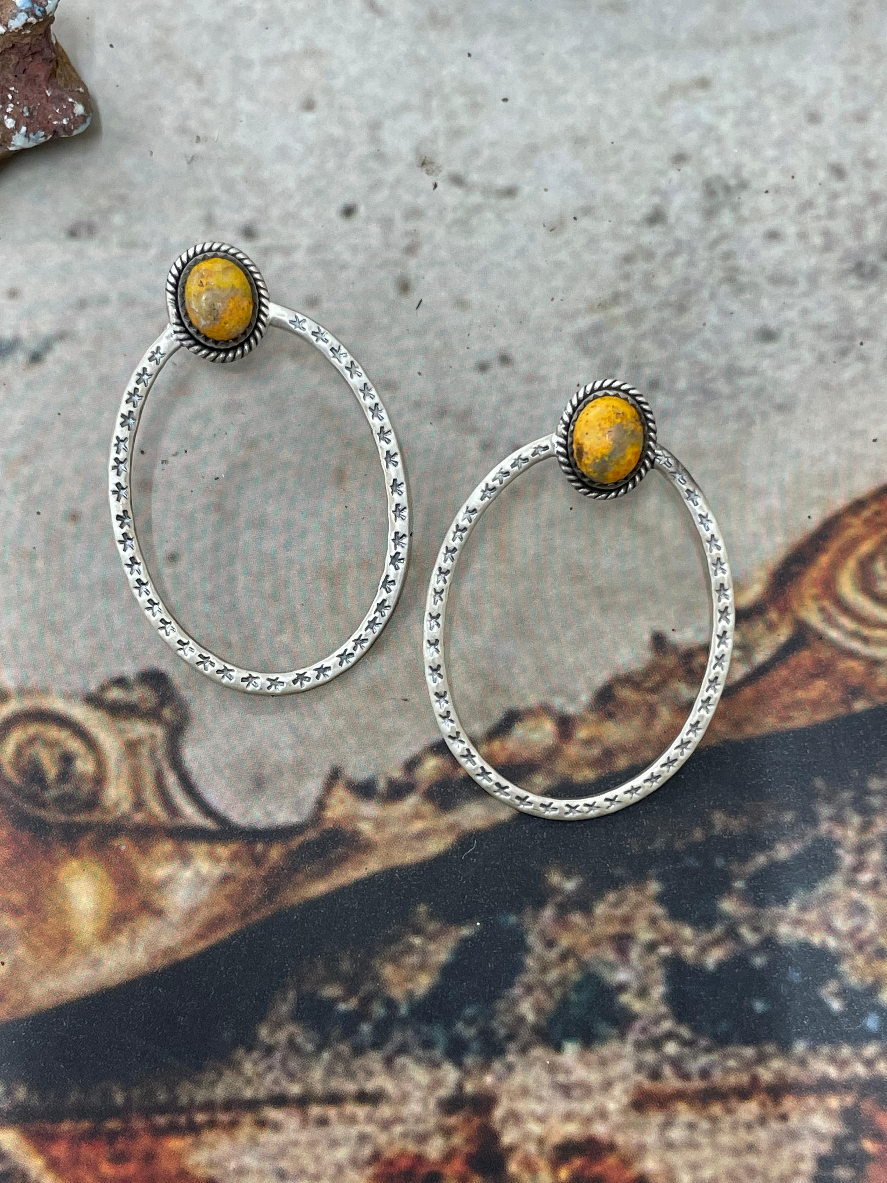 Handmade Sterling Silver Bumblebee Post Hoop Earrings with Signed Nizhoni