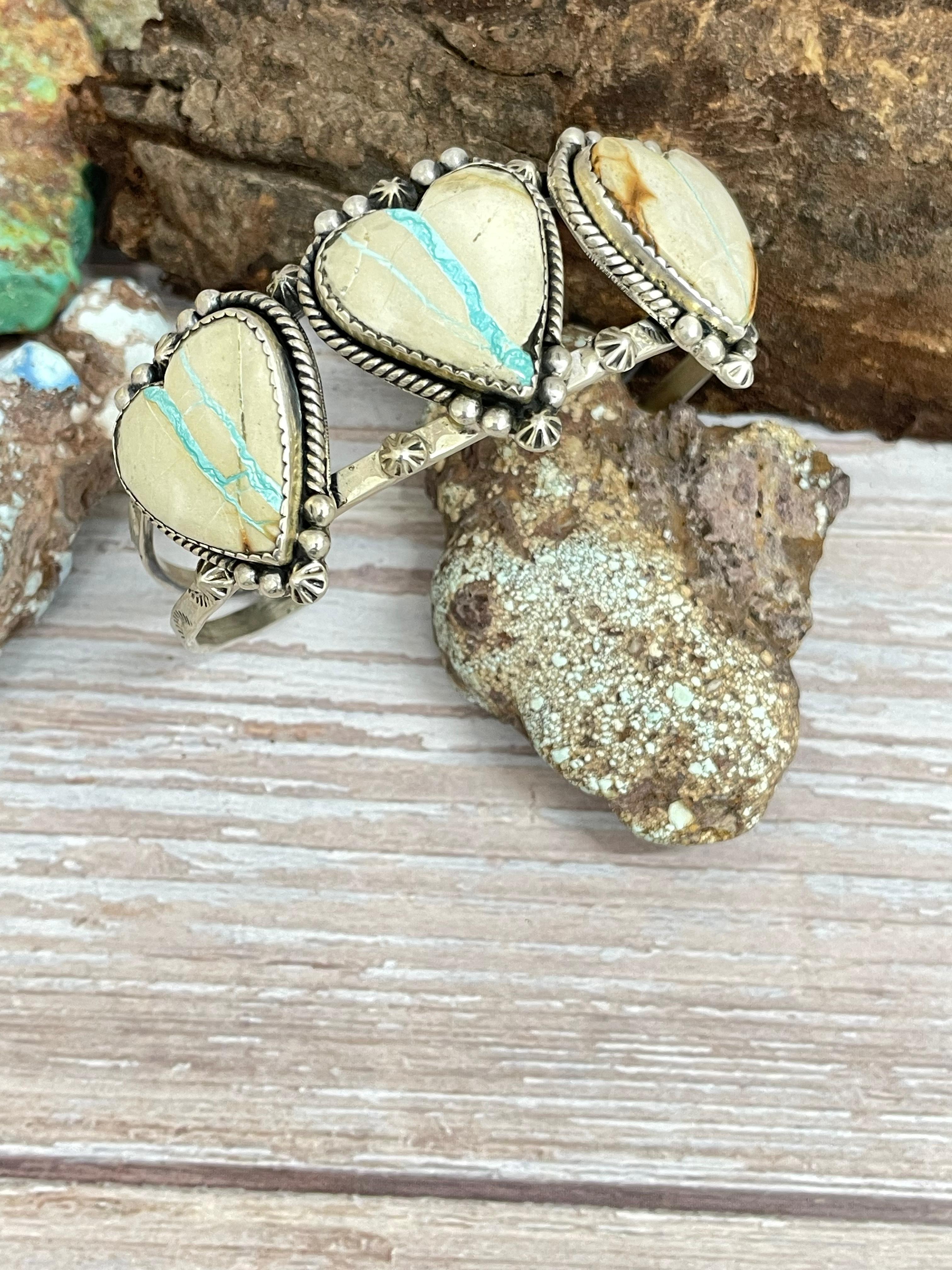 Handmade Sterling Silver Ribbon Royston Heart Cuff Bracelet with Signed Nizhoni