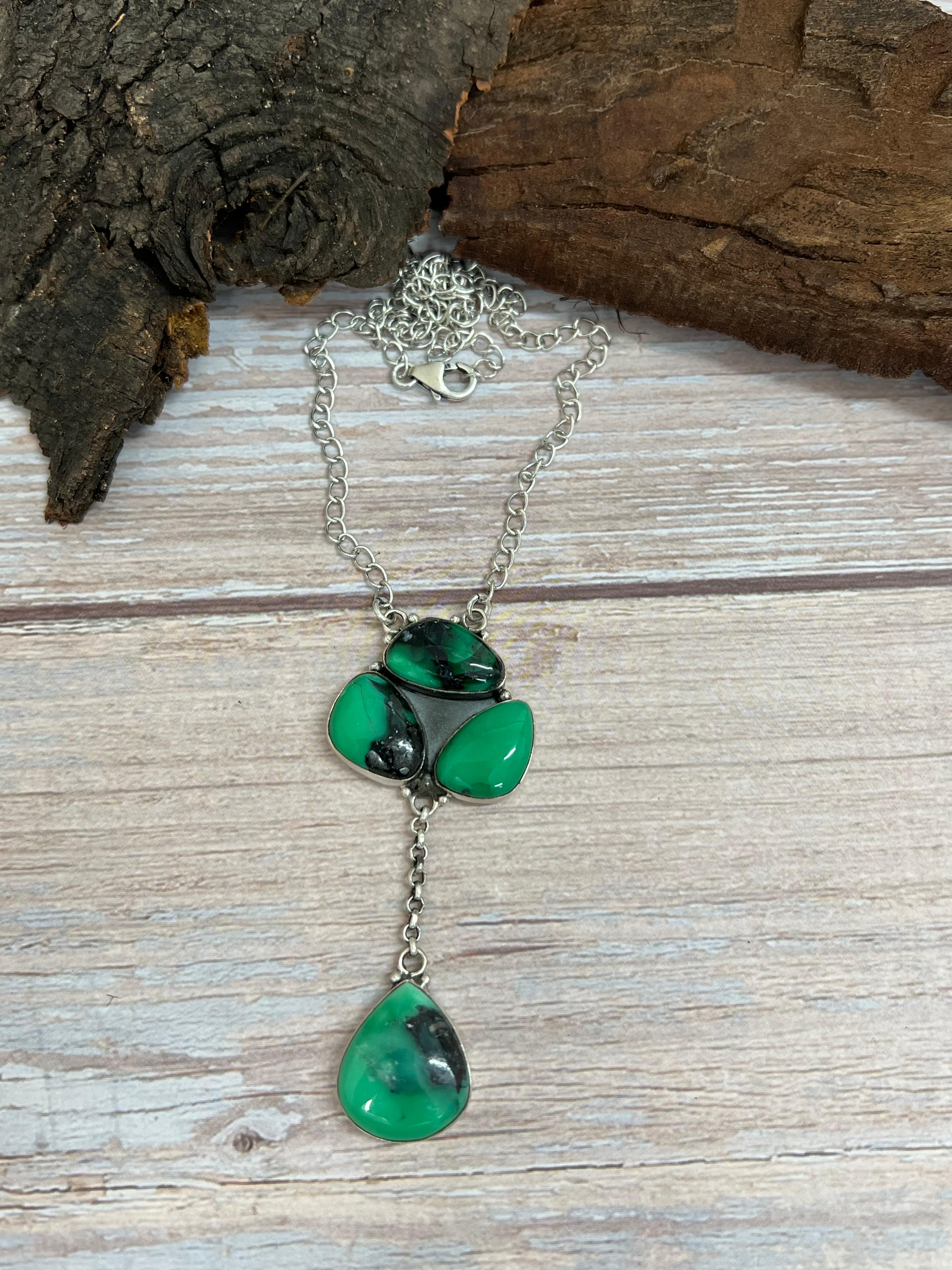 Handmade Sterling Silver Emerald Rose Necklace with Signed Nizhoni