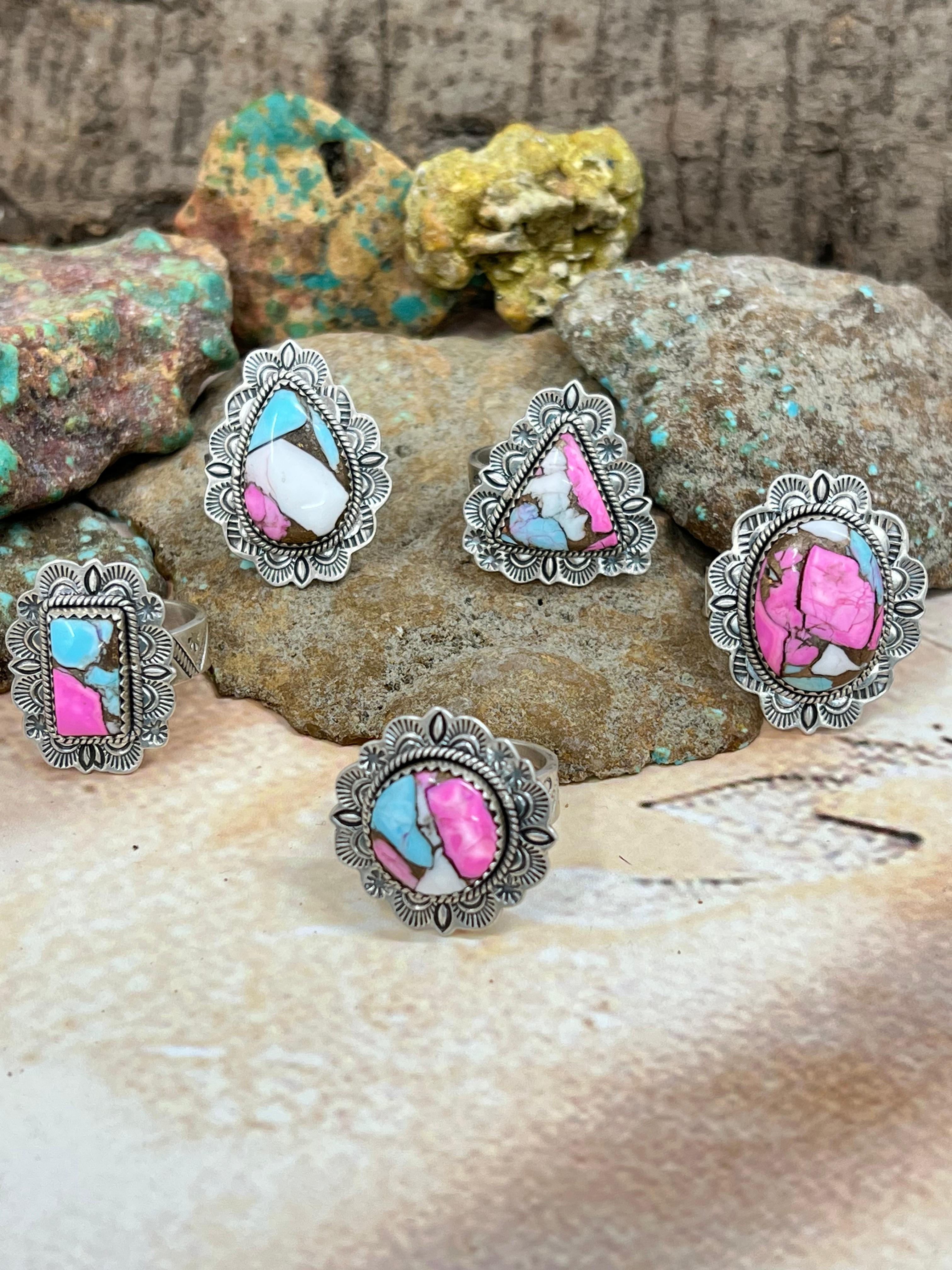 Handmade Sterling Silver Cotton Candy Turquoise Adjustable Ring with Signed Nizhoni