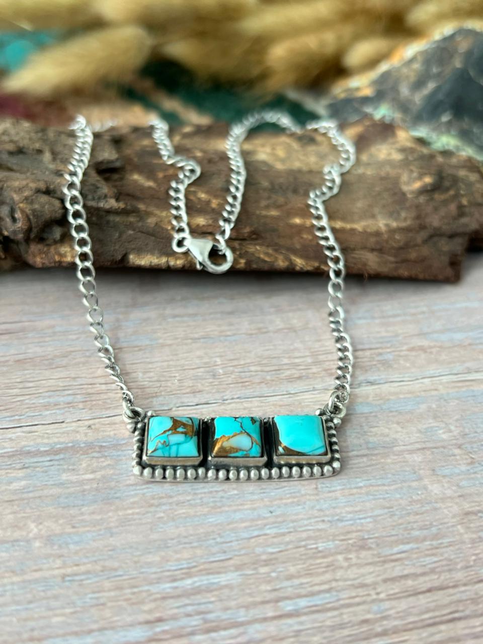 Handmade Sterling Silver Mint Dahlia Collection: Bar Necklace "Signed Nizhoni"