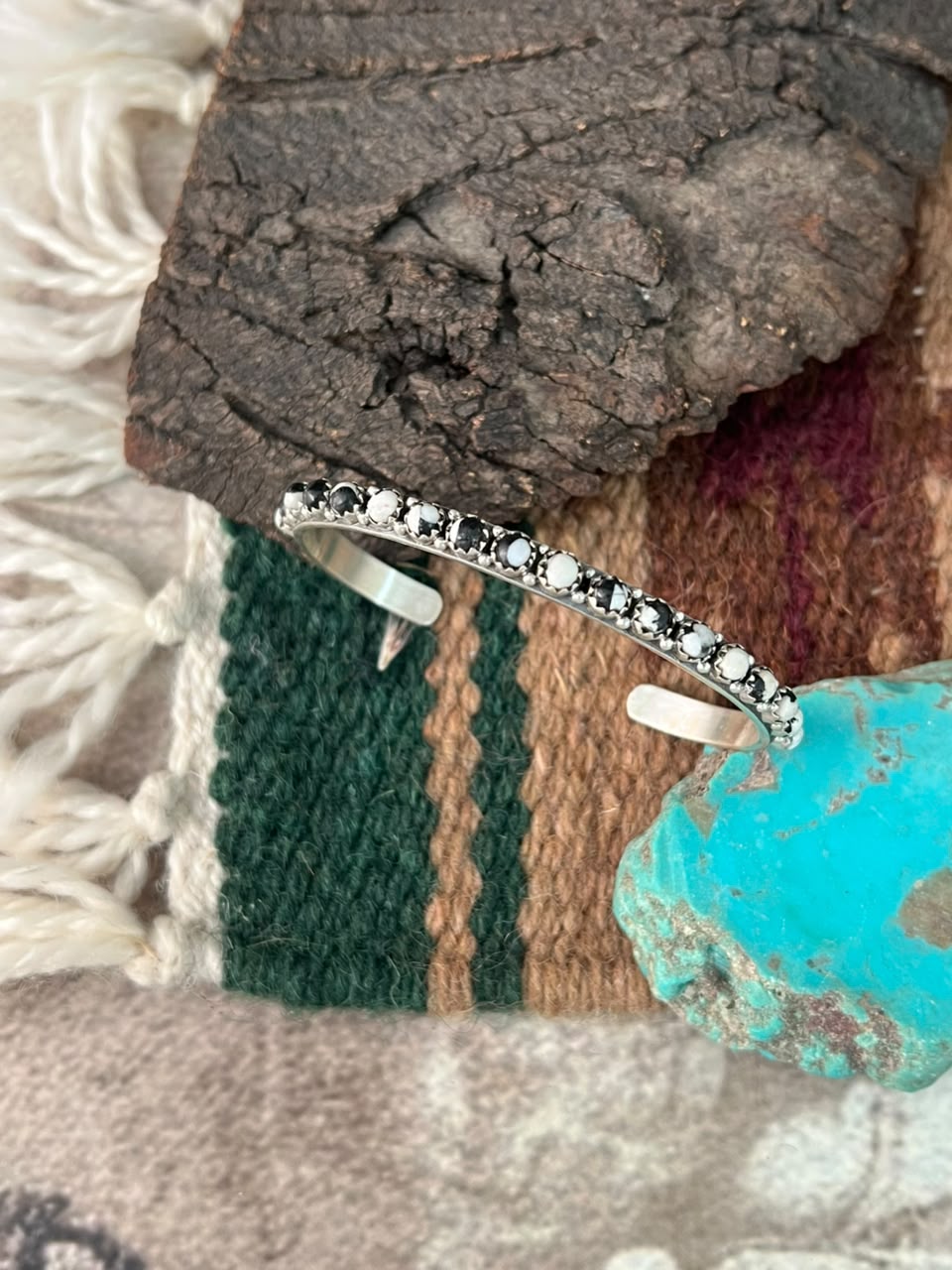 Handmade Sterling Silver White Buffalo Cuff Bracelet Signed Nizhoni