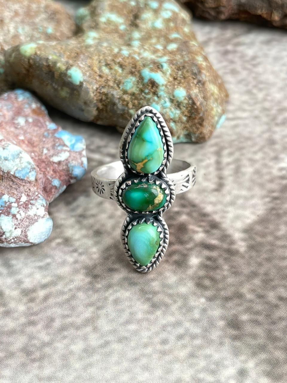 Handmade Sterling Silver Sonoran Mountain Turquoise Adjustable Ring with Signed Nizhoni