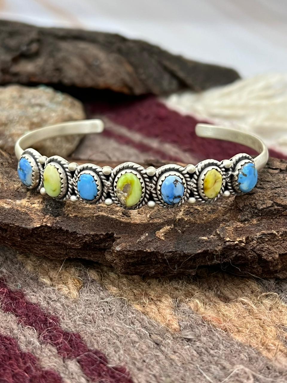 Handmade Sterling Silver Palomino with Golden Hills Turquoise Bracelet "Signed Nizhoni"